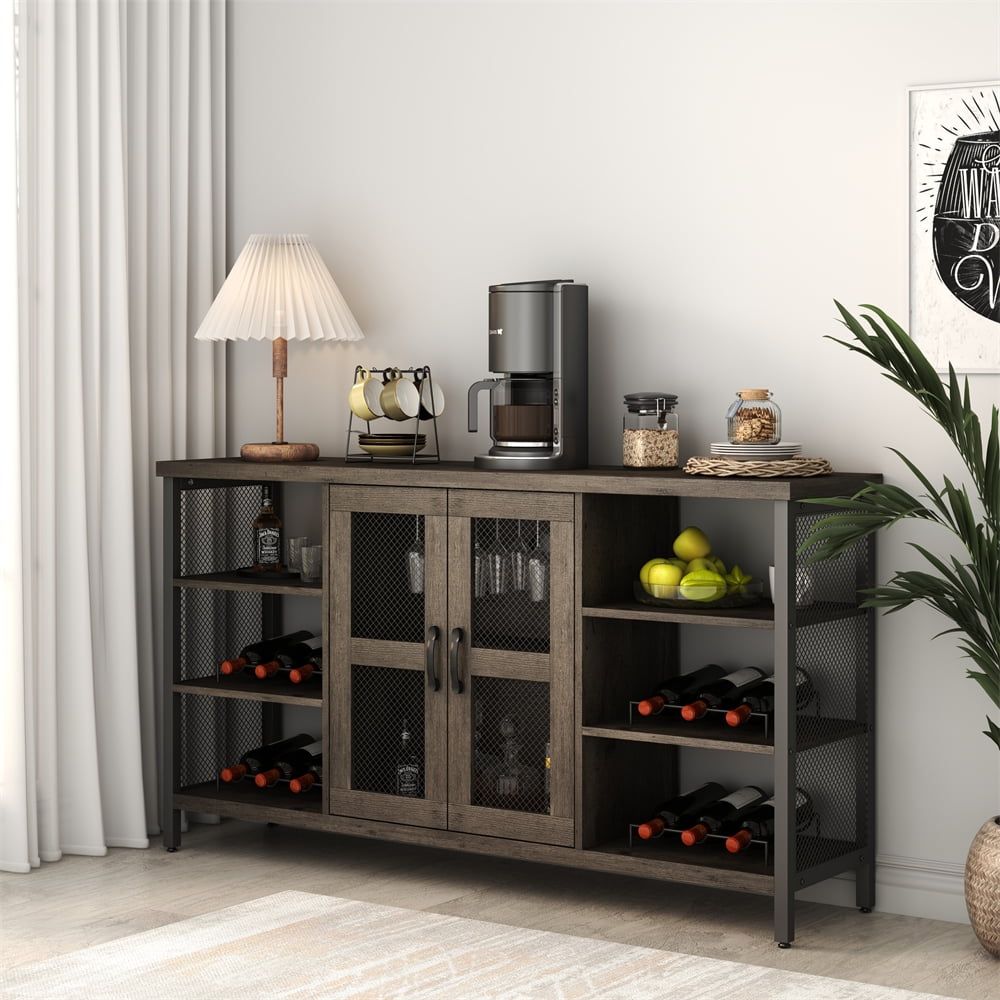 55" Black and Gray Rustic Wood Wine Bar Cabinet with Storage