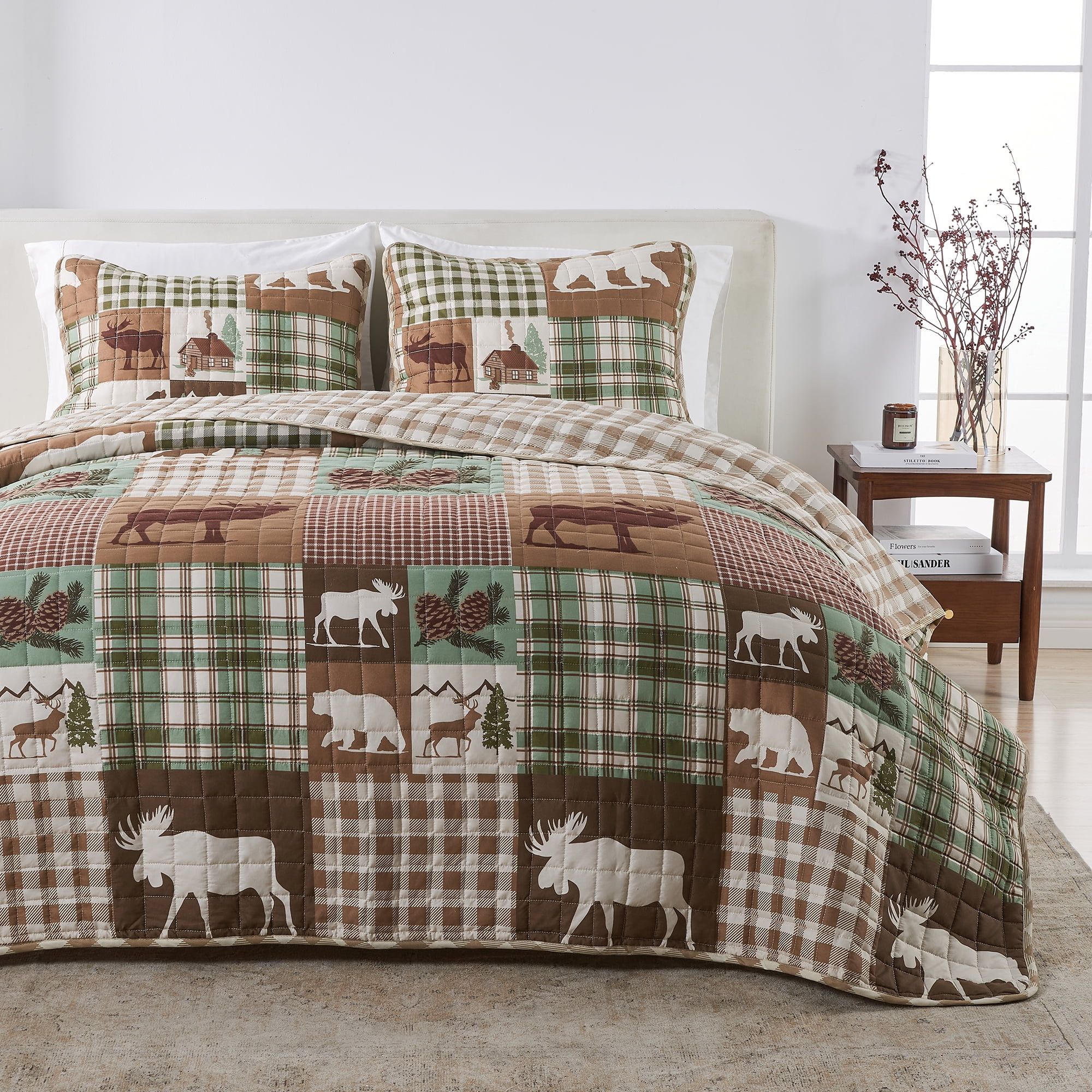 Rustic Woodland Hemlock Green and Brown Twin Quilt Set