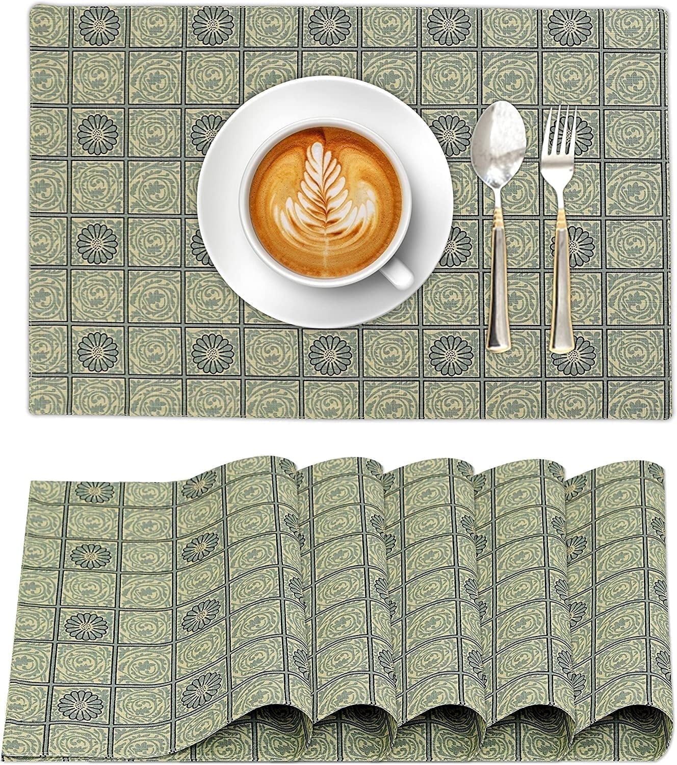 Floral Tiles Green Cotton Rectangle Placemats Set of 6