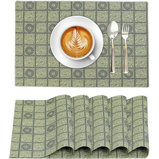 Floral Tiles Green Cotton Rectangle Placemats Set of 6