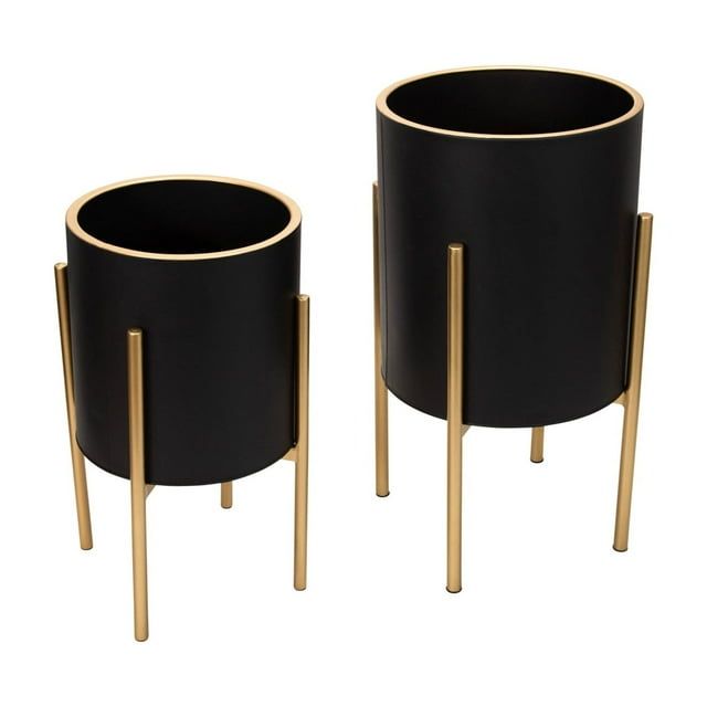 Honeycomb Texture Black & Gold Metal Stand Planters, Set of 2