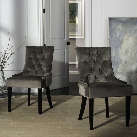 Transitional Gray Linen Parsons Side Chair with Silver Nailhead Trim