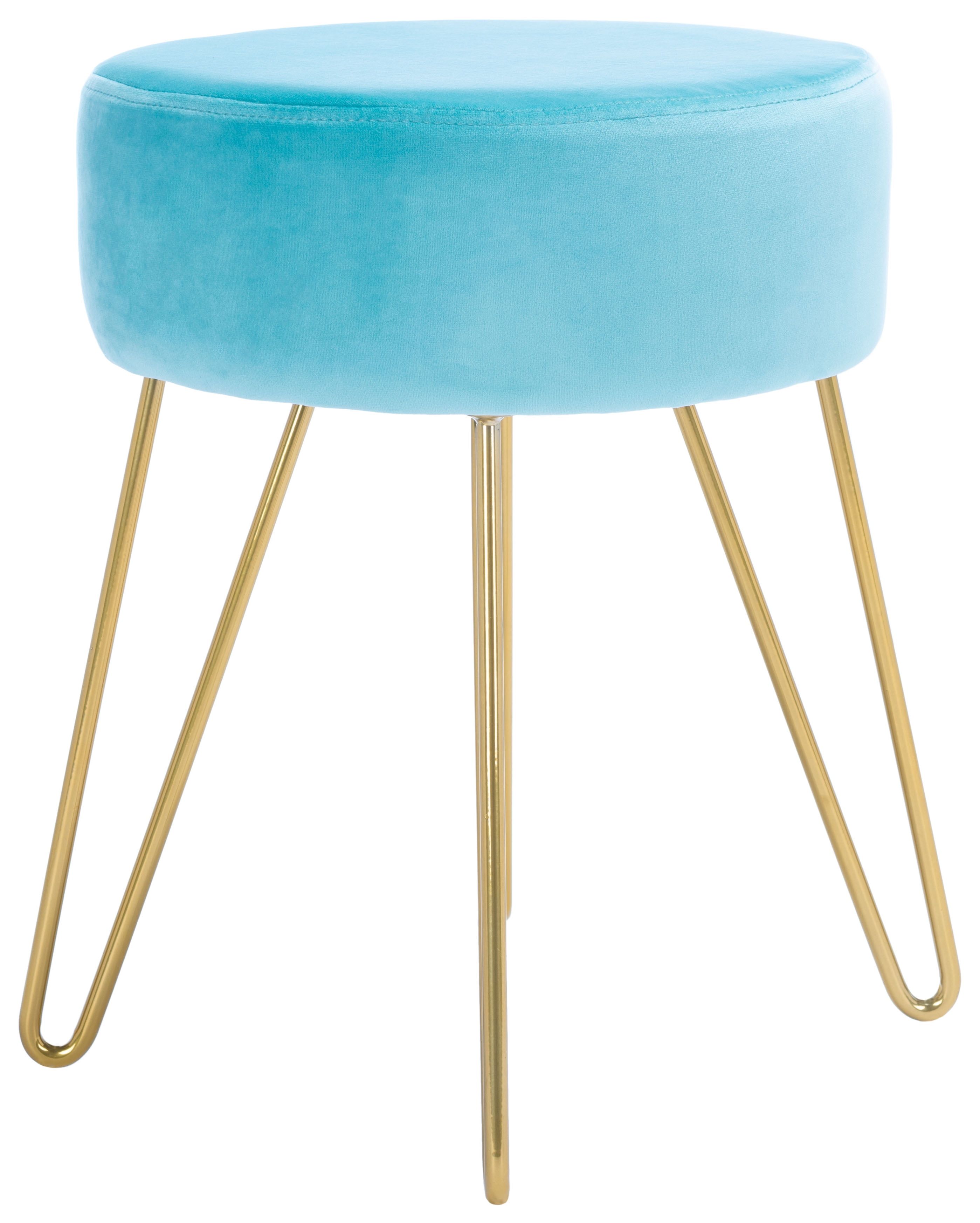 Abrea Aqua Velvet Round Ottoman with Gold Hairpin Legs