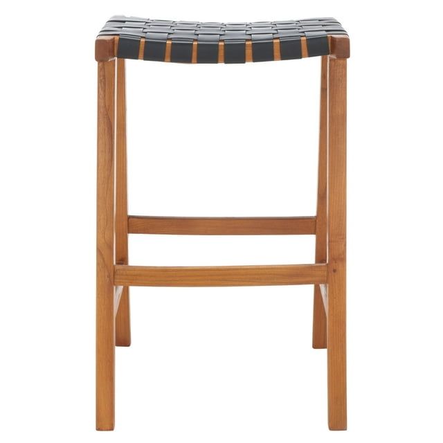 Abreu 19" Black Woven Leather & Natural Wood Modern Barstool