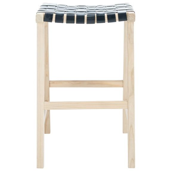 Contemporary Saddle Style Black Leather Wood Barstool