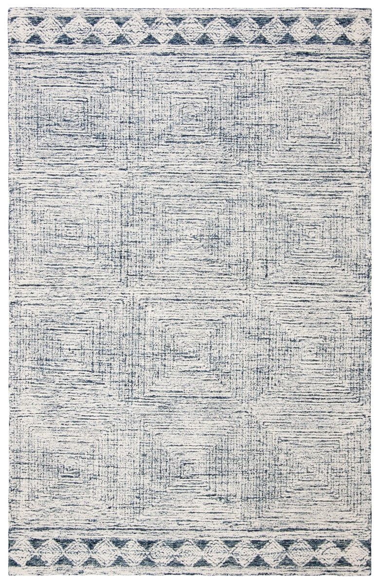 Handmade Ivory & Navy Abstract Wool Area Rug - 10' x 14'