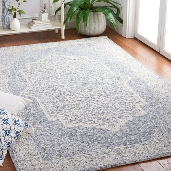 Ivory and Blue Abstract Wool Square Area Rug, 6' x 6'