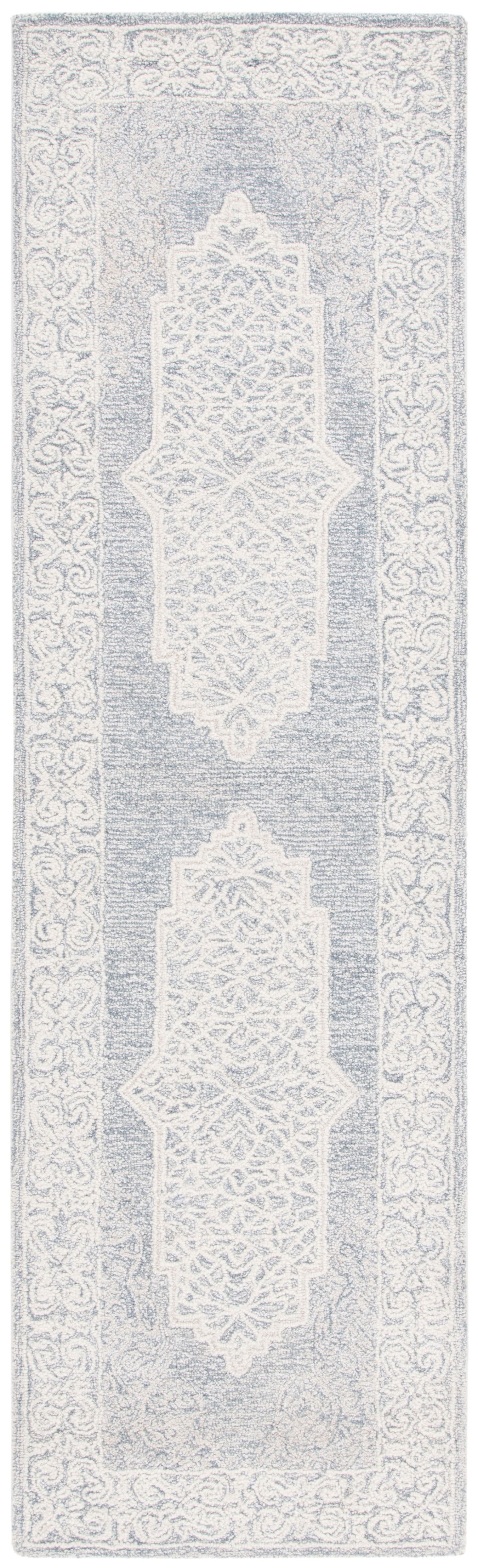 Ivory and Blue Abstract Handmade Wool Runner Rug