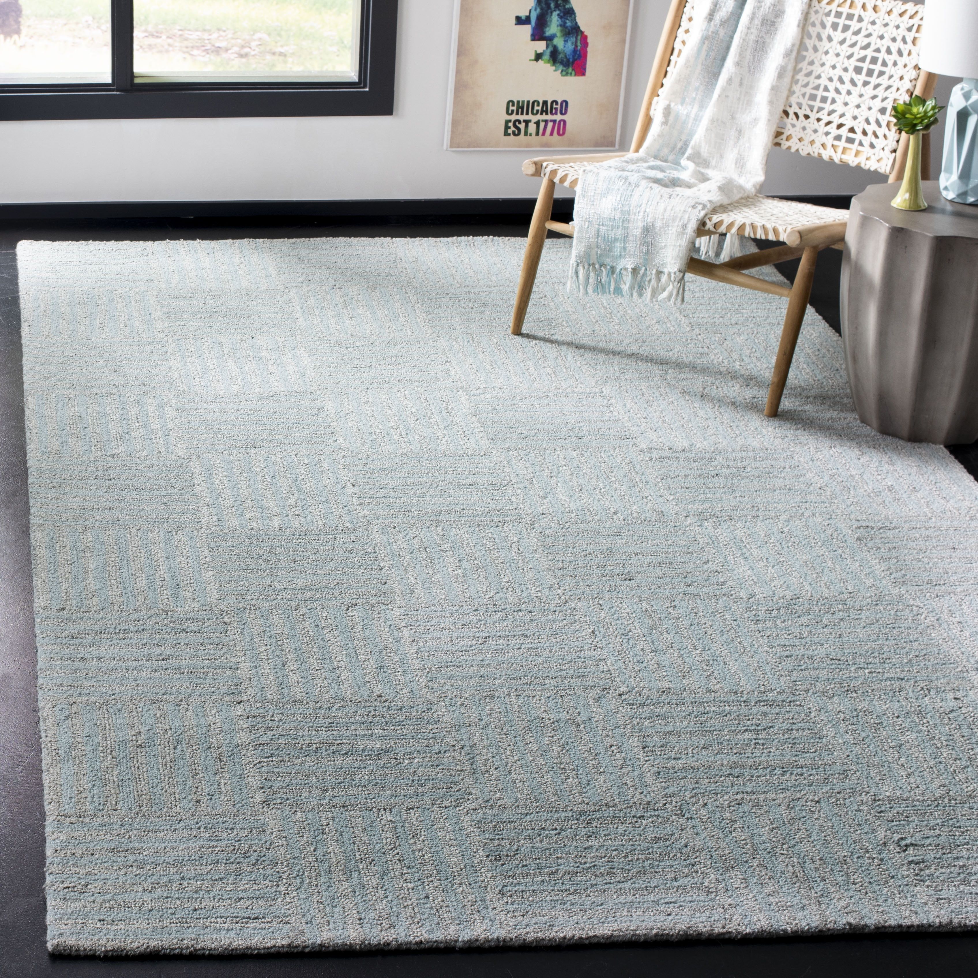 Blue Abstract Handmade Tufted Wool Area Rug, 8' x 10'