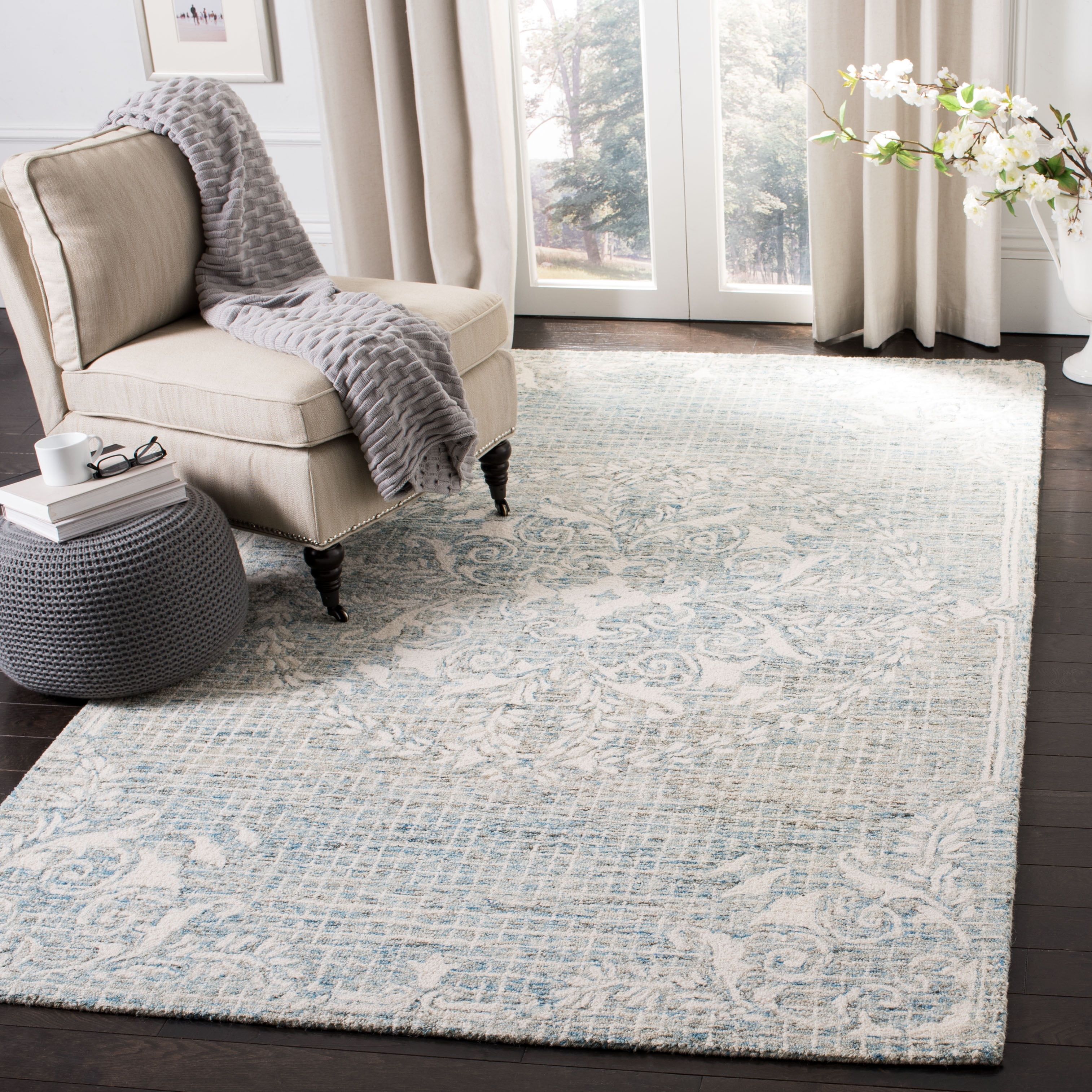 Light Blue Abstract Handmade Wool Area Rug, 5' x 8'