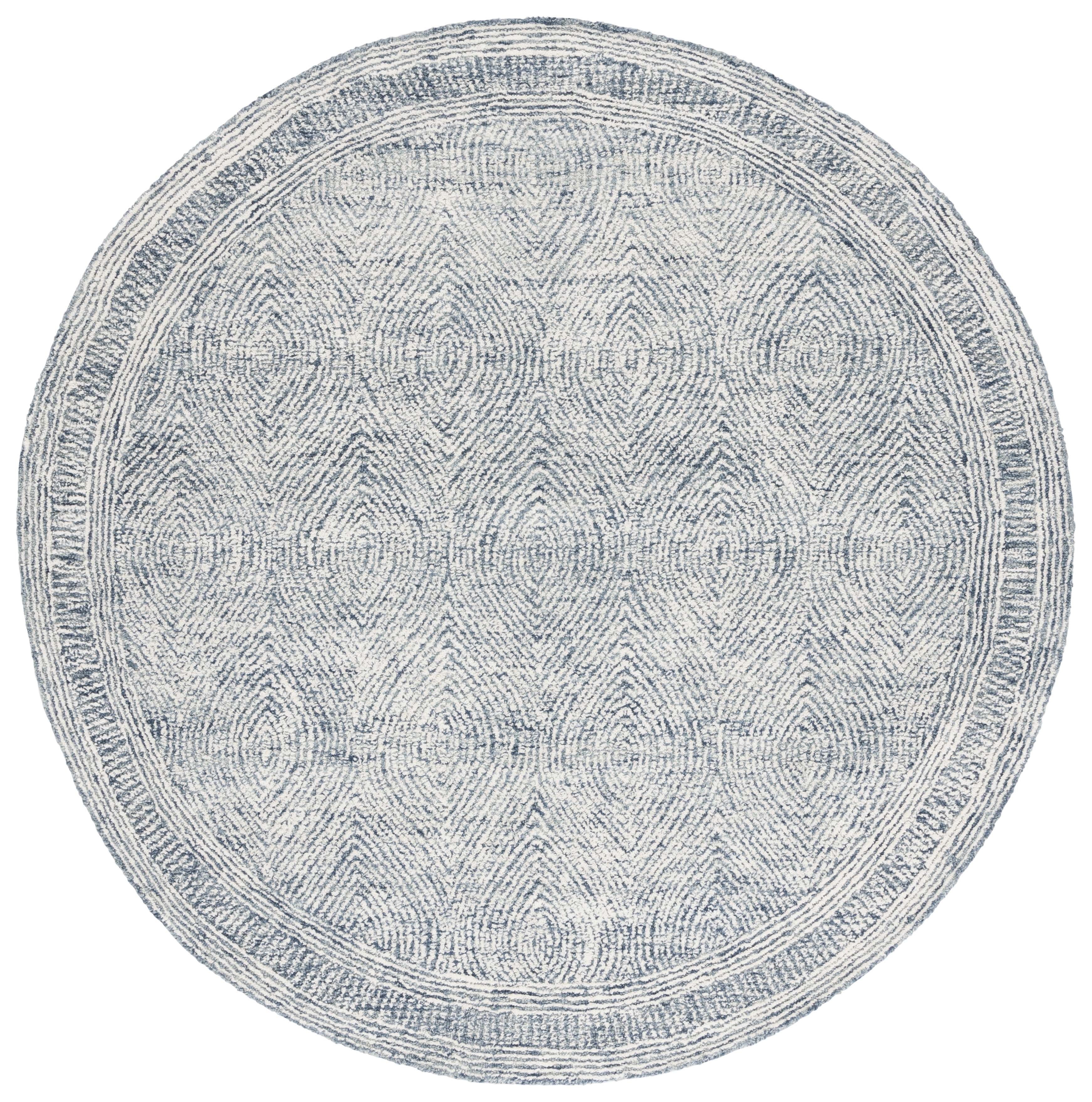 Ivory and Navy Round Tufted Wool Area Rug, 6' x 6'