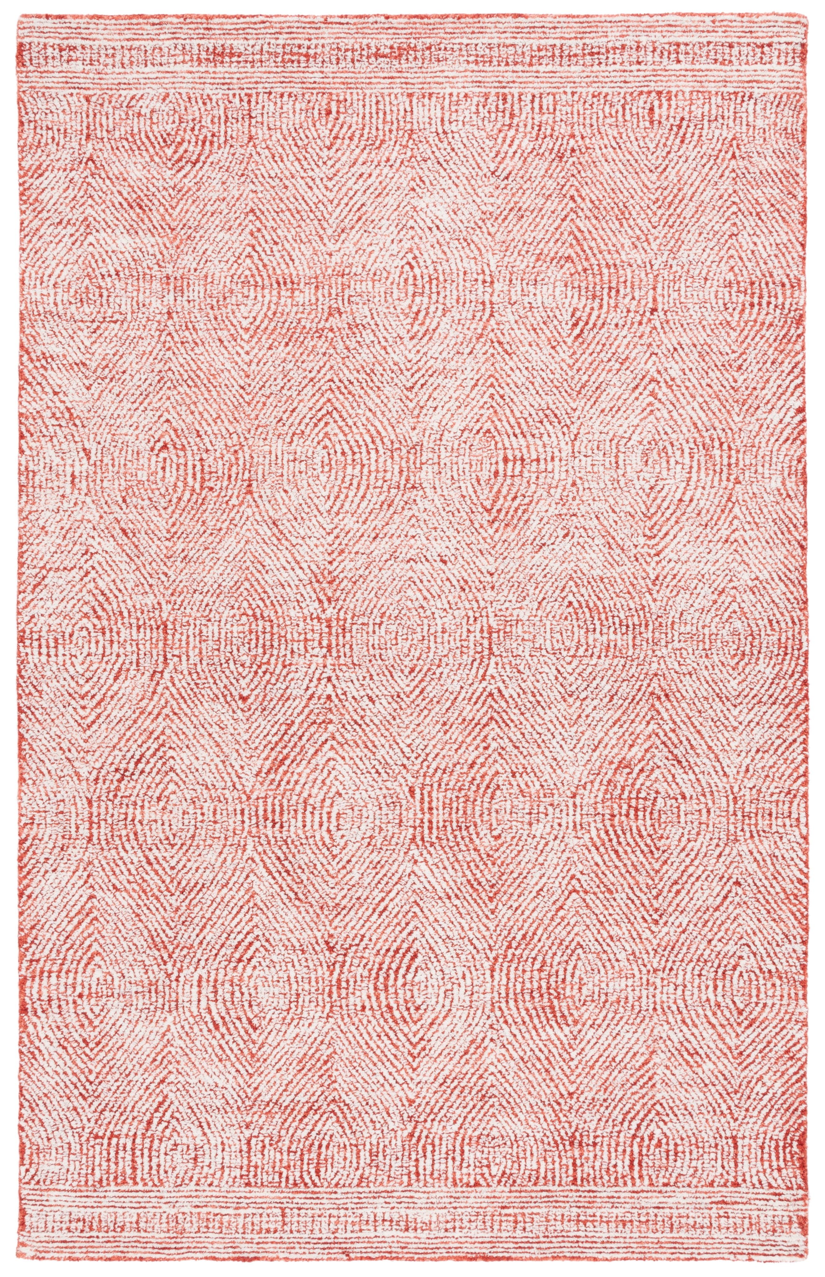 Ivory and Red Abstract Handmade Wool Viscose Rug, 3' x 5'