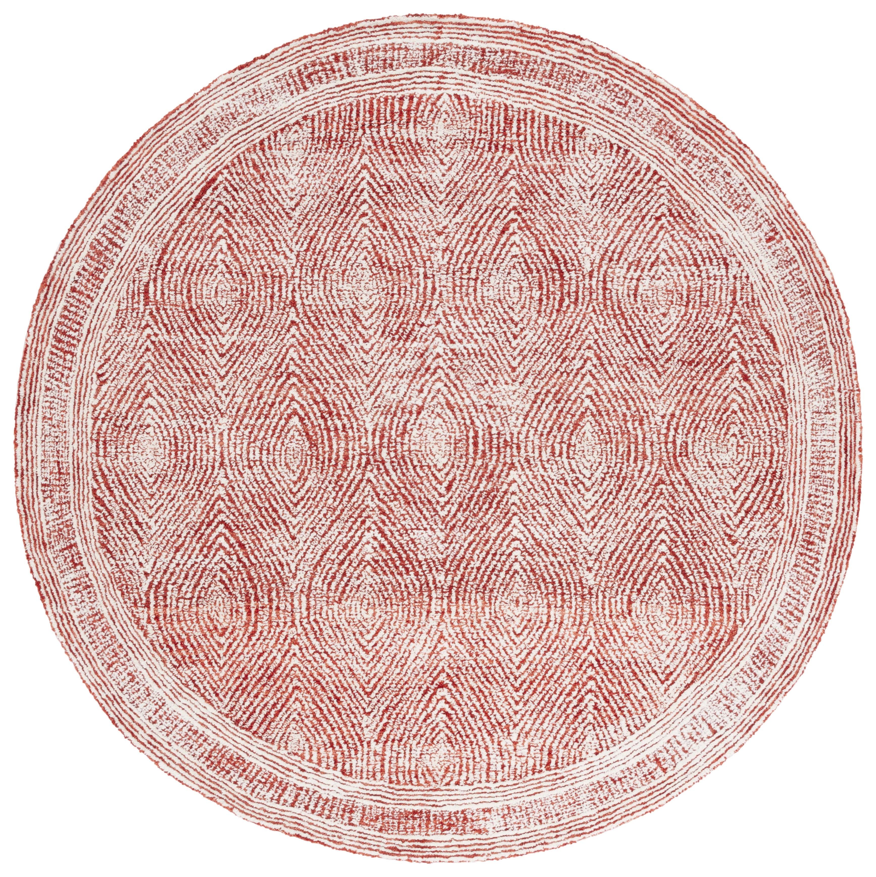 Ivory and Red Round Tufted Wool Abstract Rug, 6' x 6'