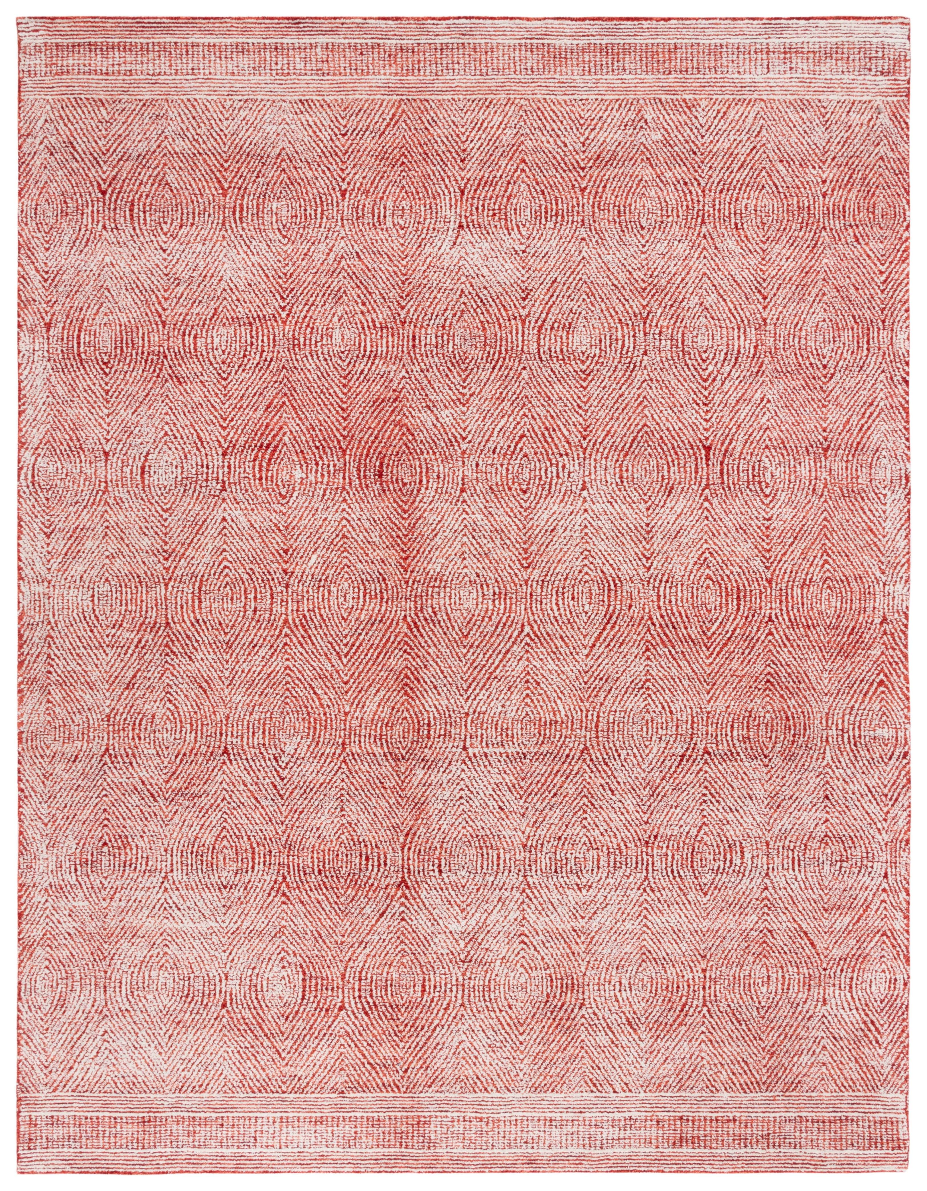 Ivory and Red Abstract Handmade Wool Area Rug, 8' x 10'