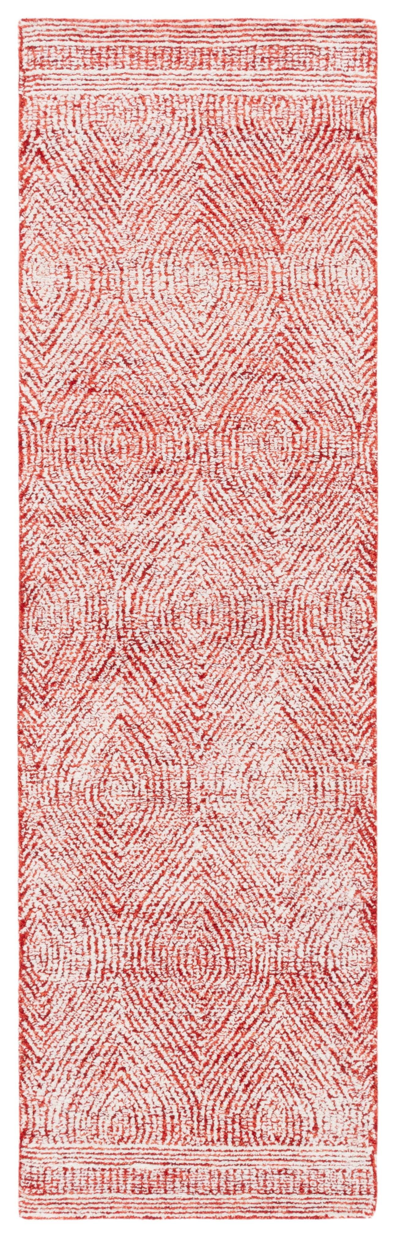 Ivory and Red Abstract Tufted Wool Runner Rug