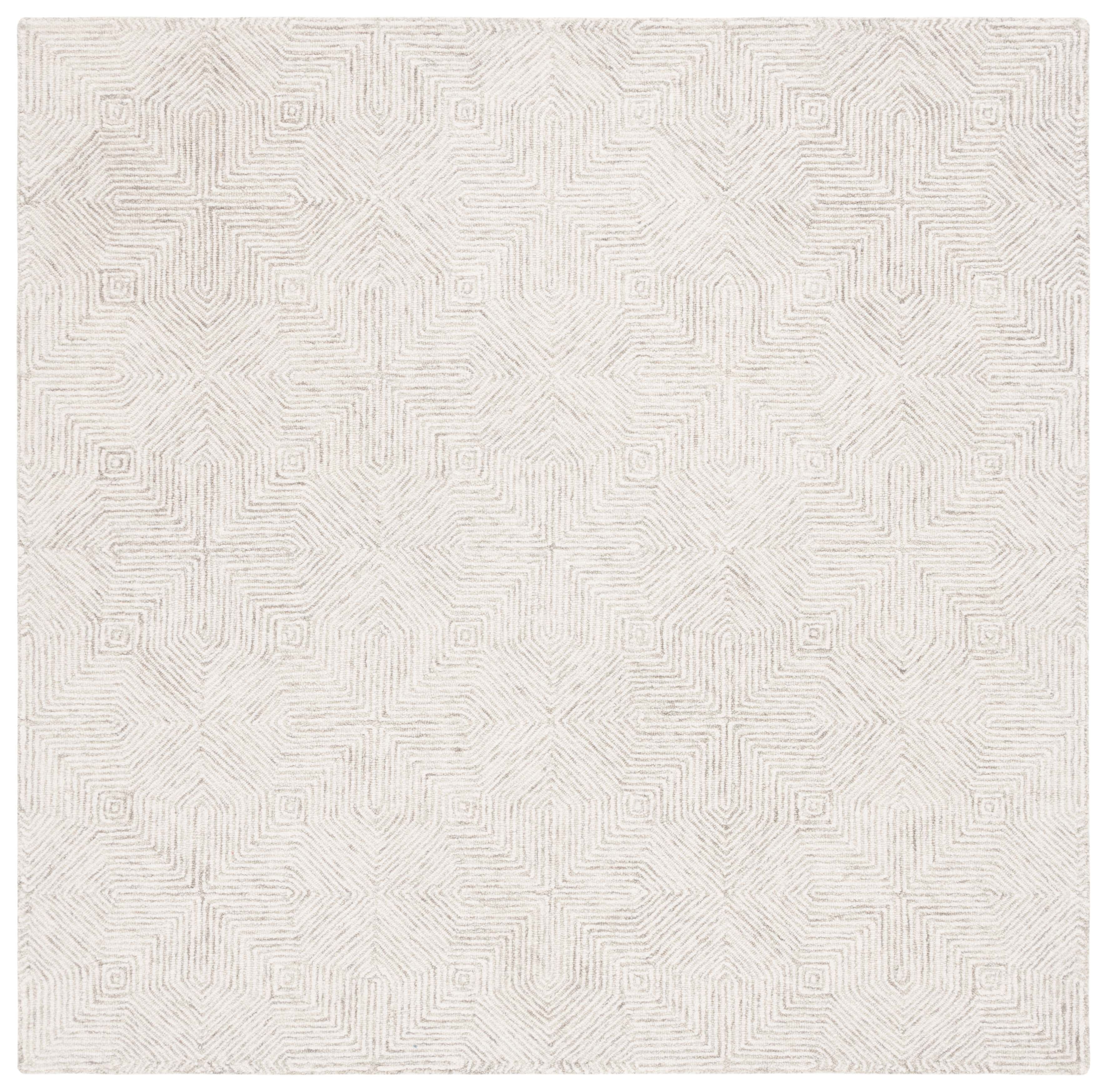 Gray and Ivory Geometric Tufted Wool Square Area Rug, 6' x 6'