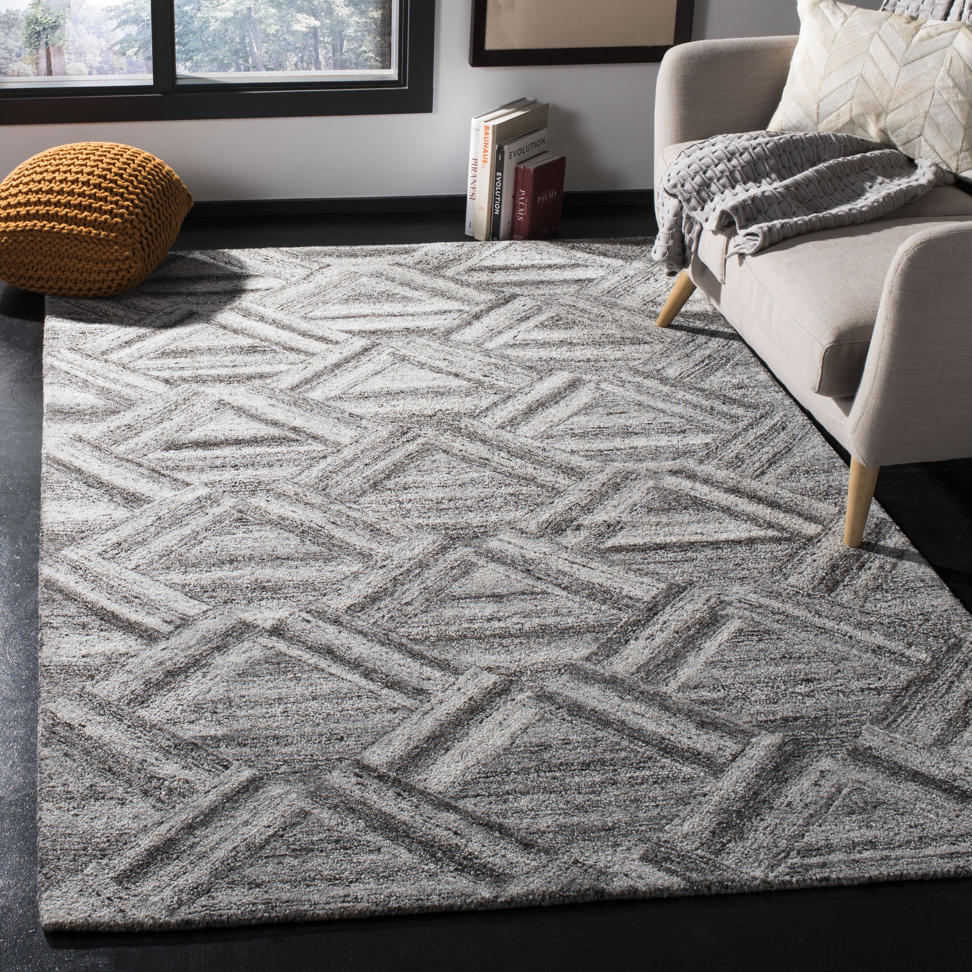 Gray and Black 8' x 10' Handmade Wool Abstract Area Rug