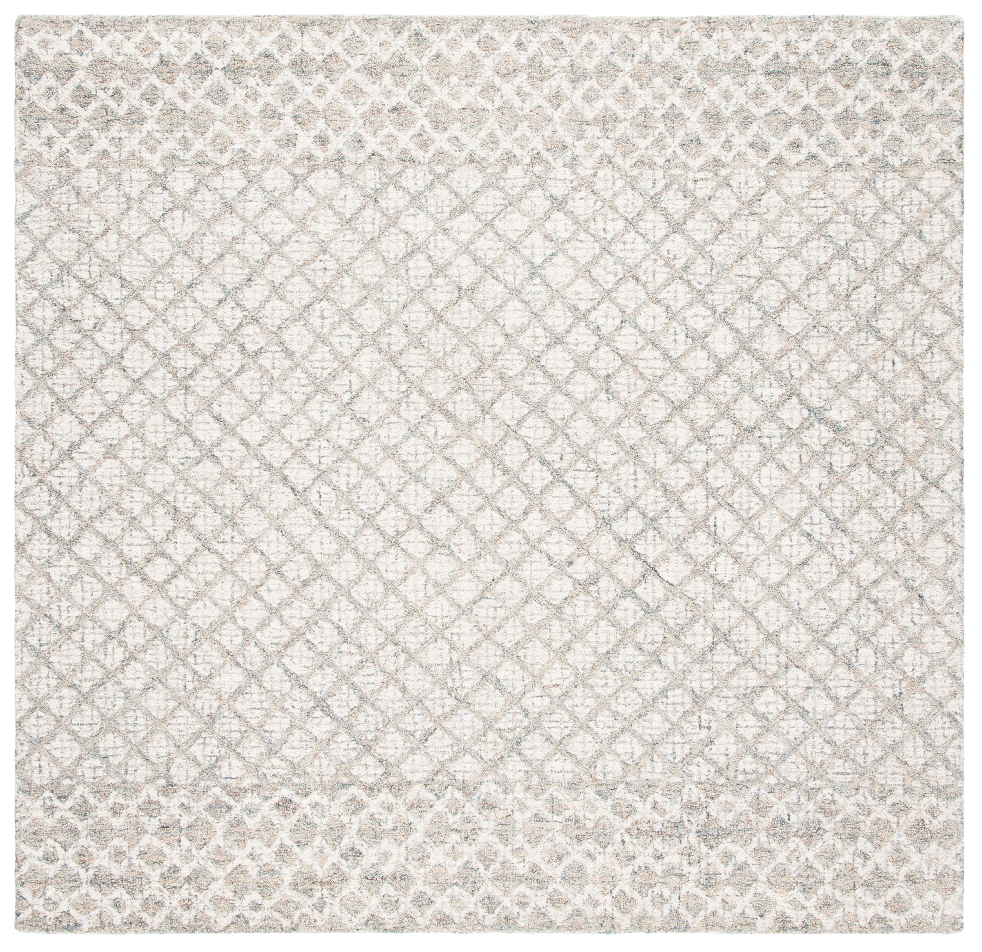 Ivory and Grey Abstract Hand-Tufted Wool Square Rug, 4' x 4'