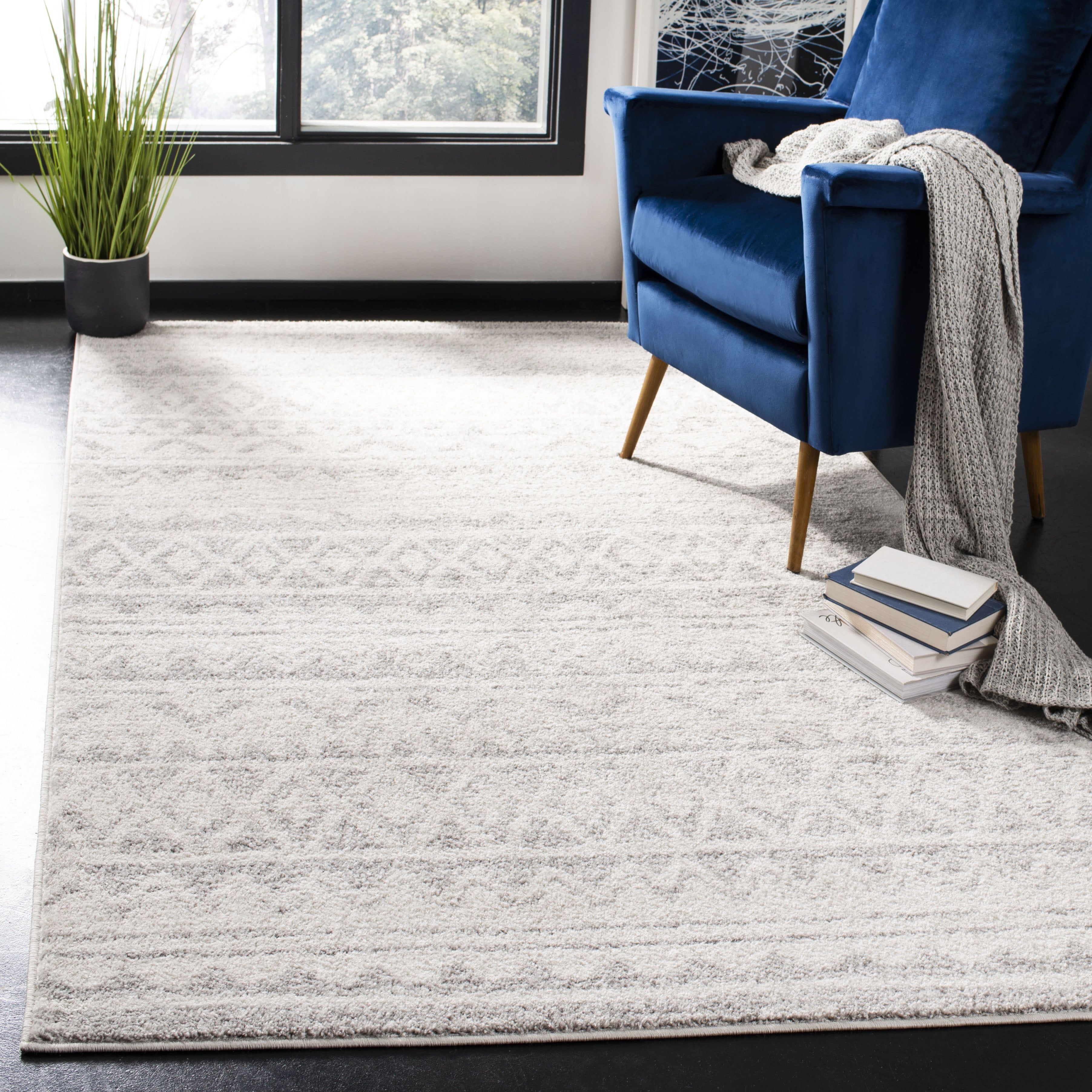 Ivory and Grey Rectangular Synthetic Area Rug, 8' x 8'