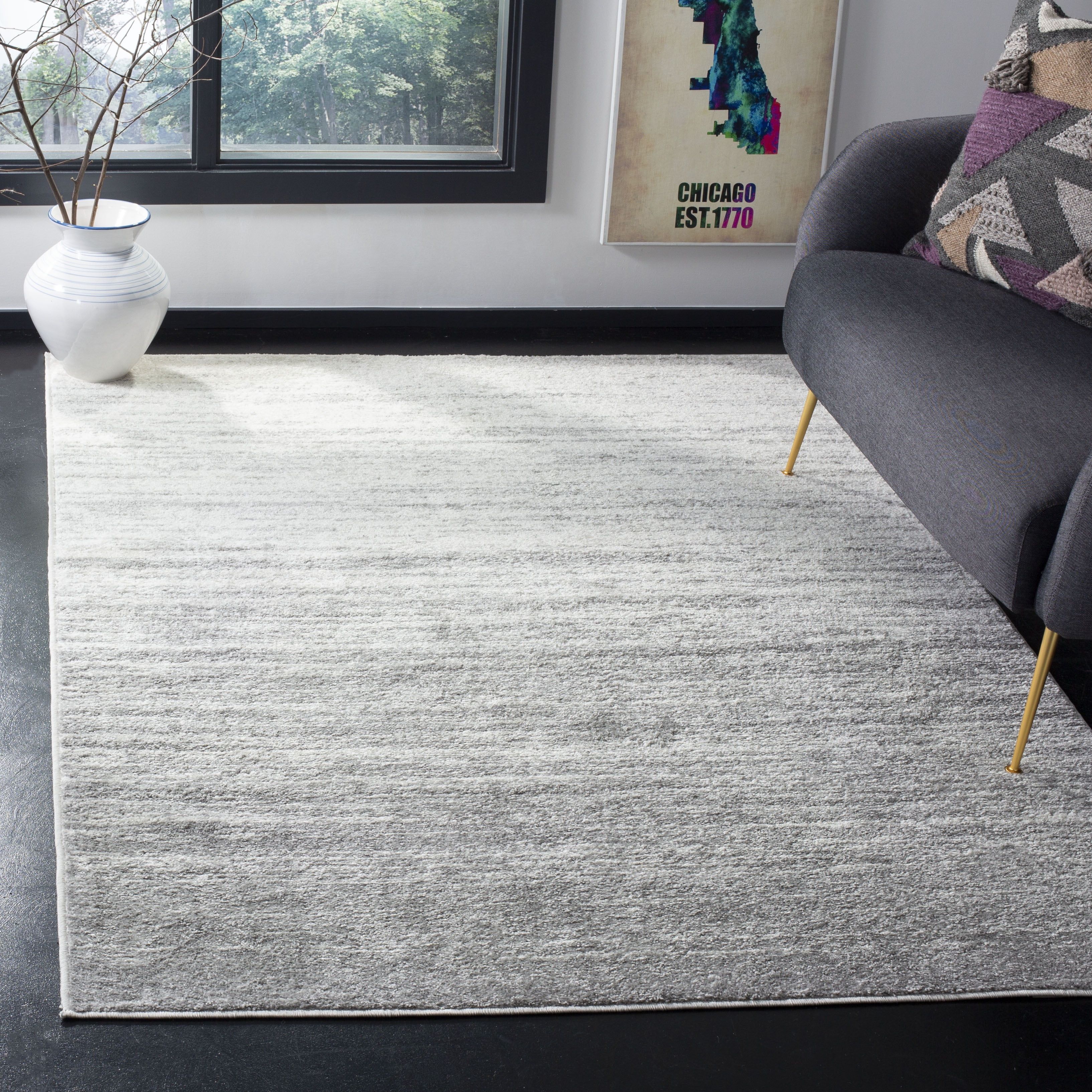 Ivory and Silver Abstract Low Pile Area Rug