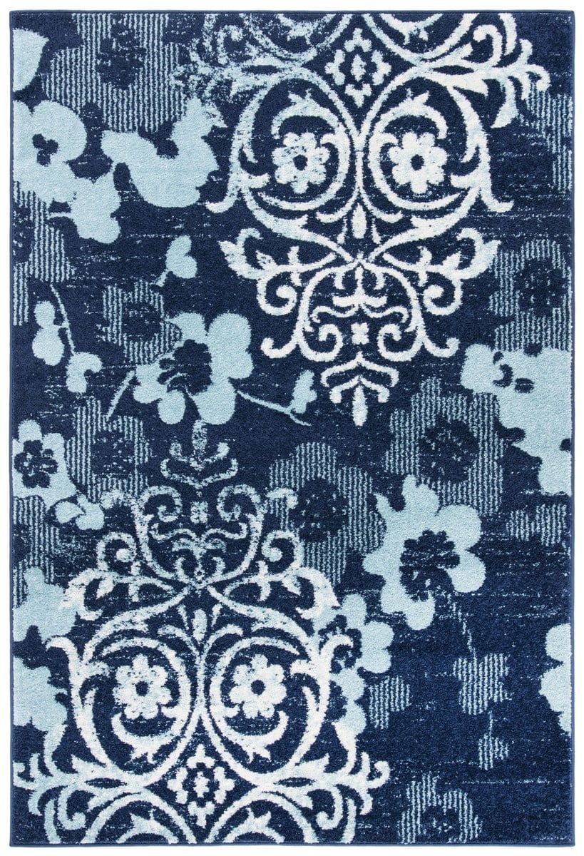 Navy and Aqua Floral Synthetic 9' x 12' Reversible Area Rug