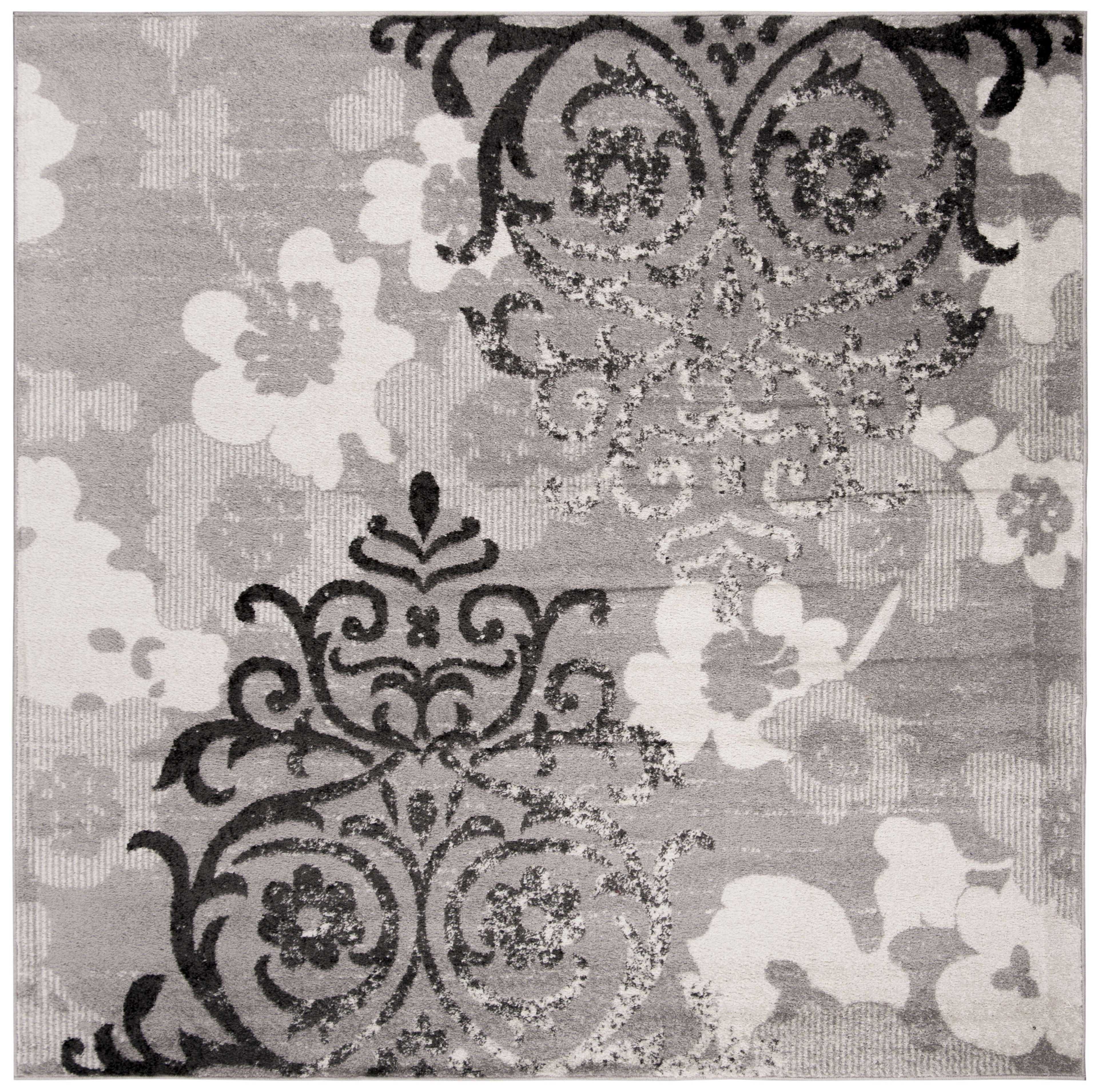 Silver and Ivory Floral Damask Square Area Rug, 12' x 12'