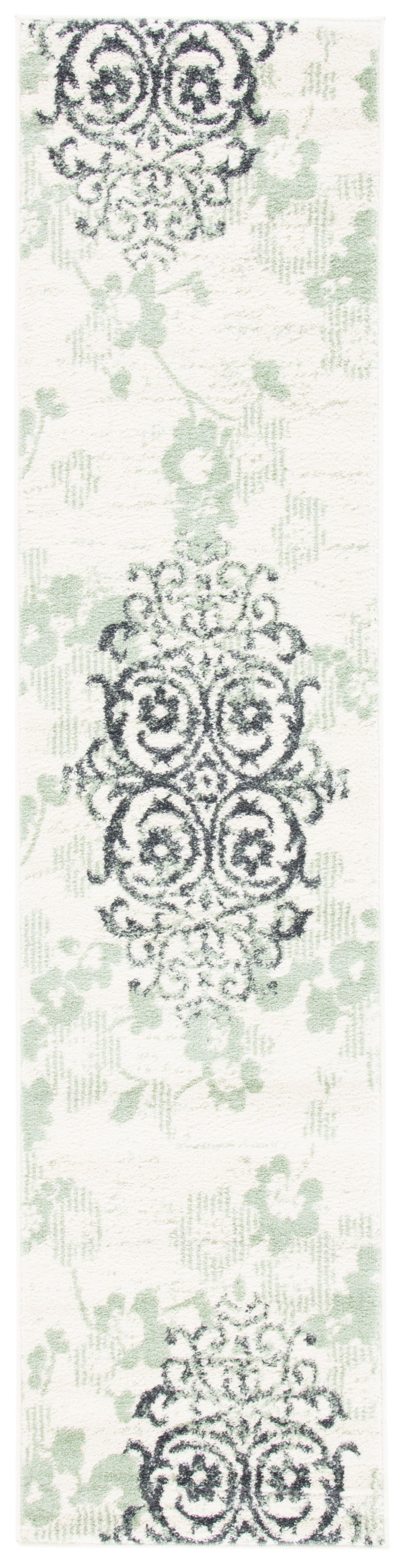 Ivory and Green Floral Synthetic High Pile Runner Rug