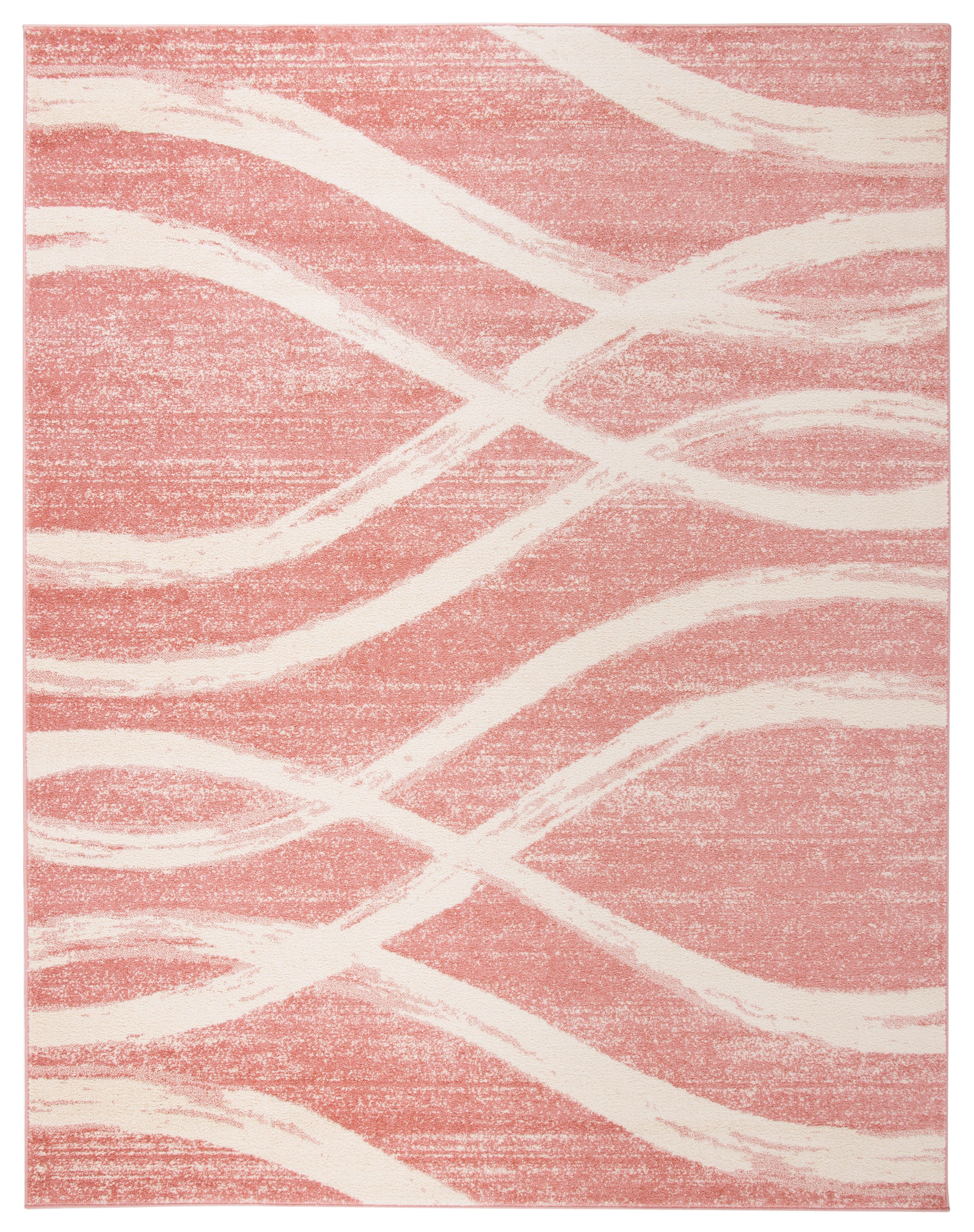 Rose & Cream Abstract Synthetic 9' x 12' Hand-Knotted Area Rug