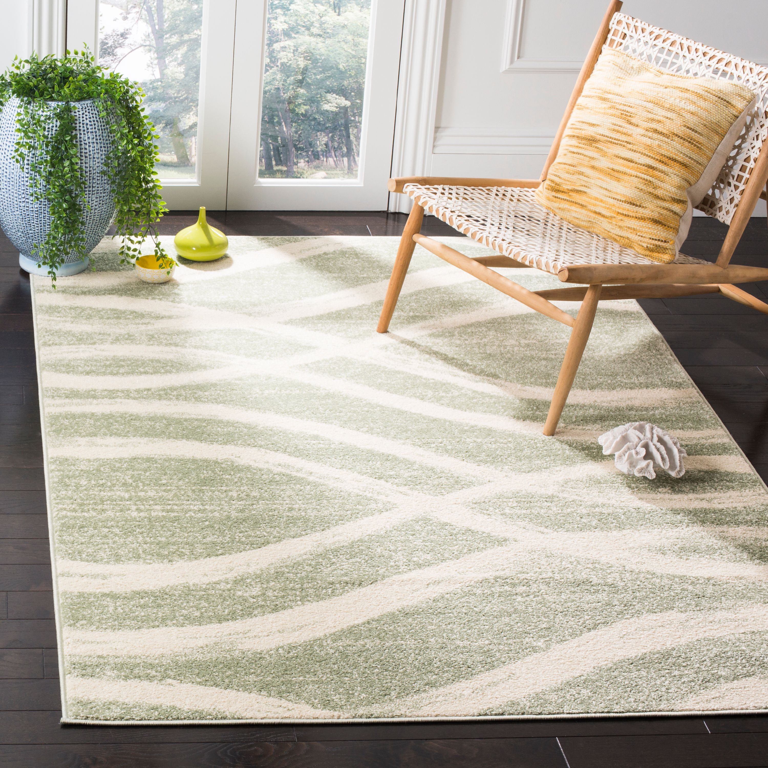 Sage and Cream Abstract Rectangular Area Rug, 9' x 12'