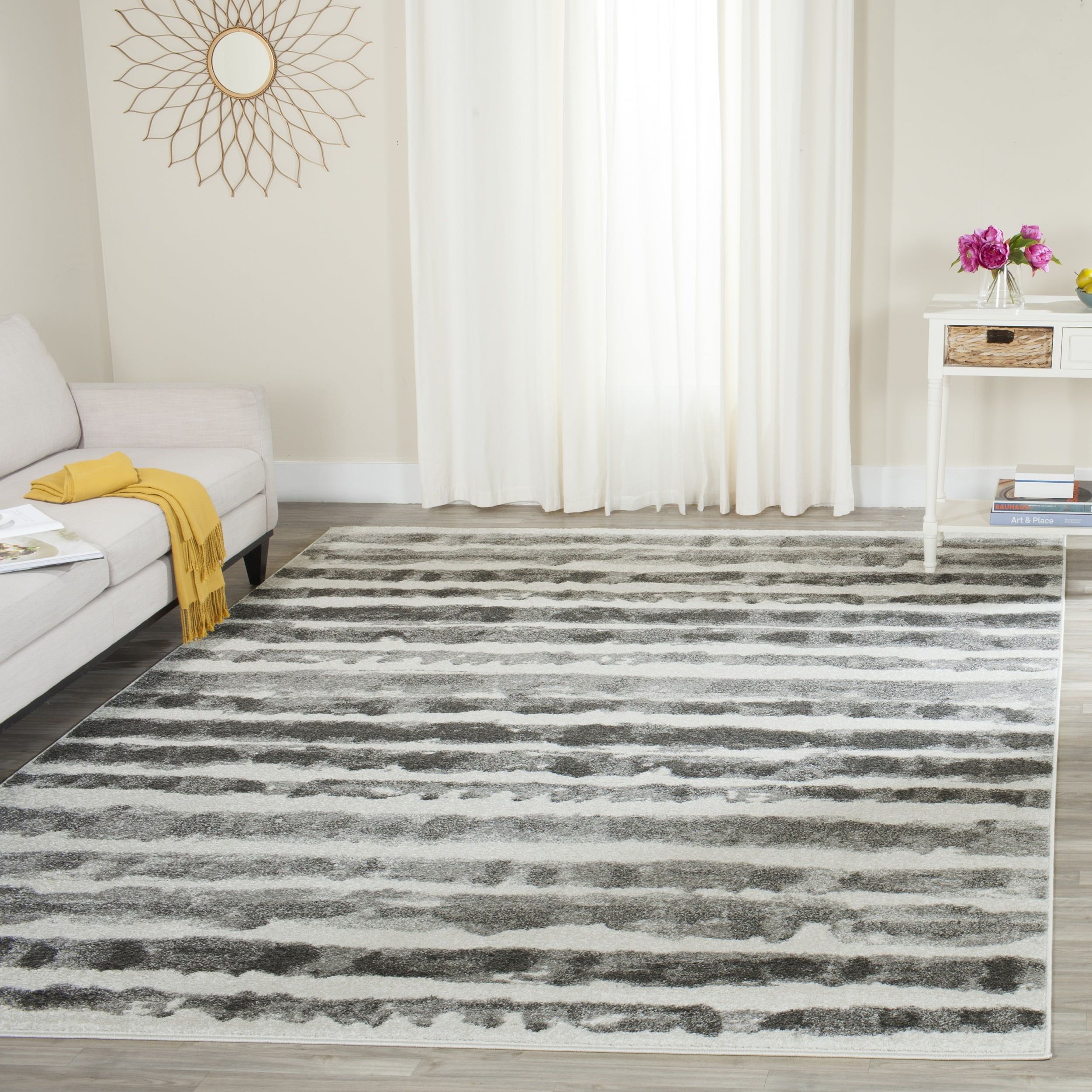 Ivory and Charcoal Striped 9' x 12' Easy-Care Synthetic Area Rug