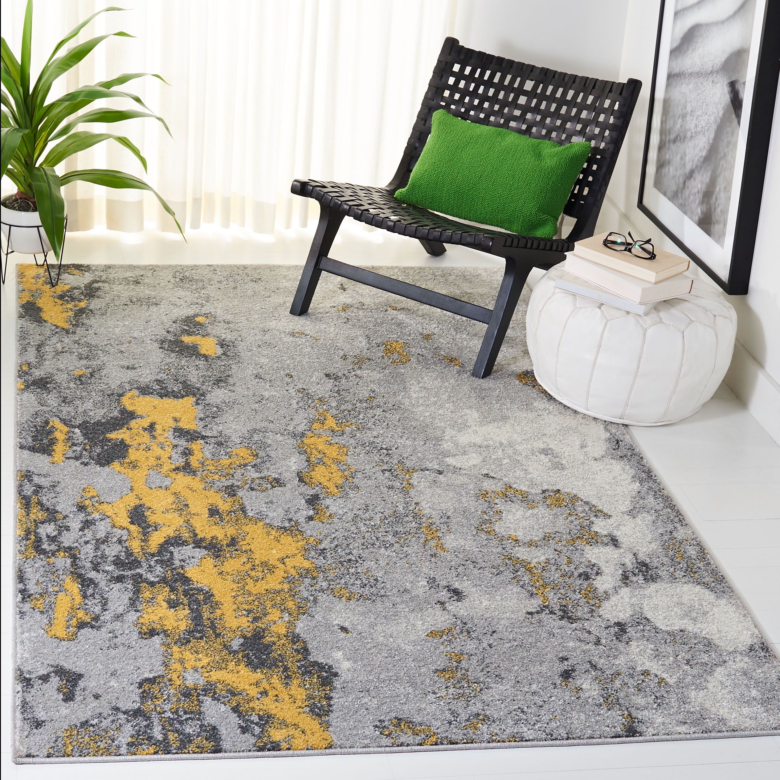 Gray and Yellow Abstract Hand-knotted Synthetic 4' x 6' Area Rug