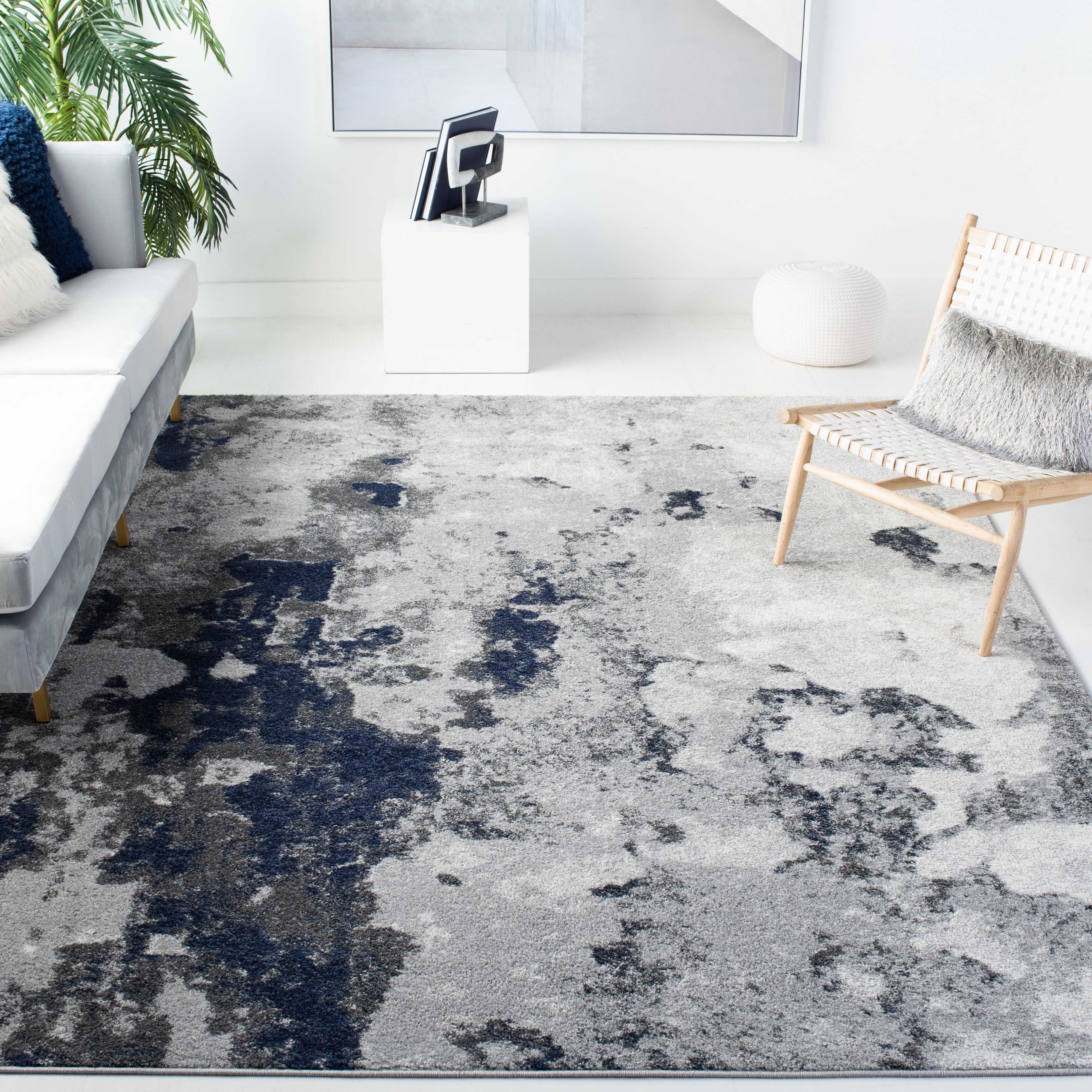 Navy and Grey Abstract 9' x 12' Synthetic Area Rug