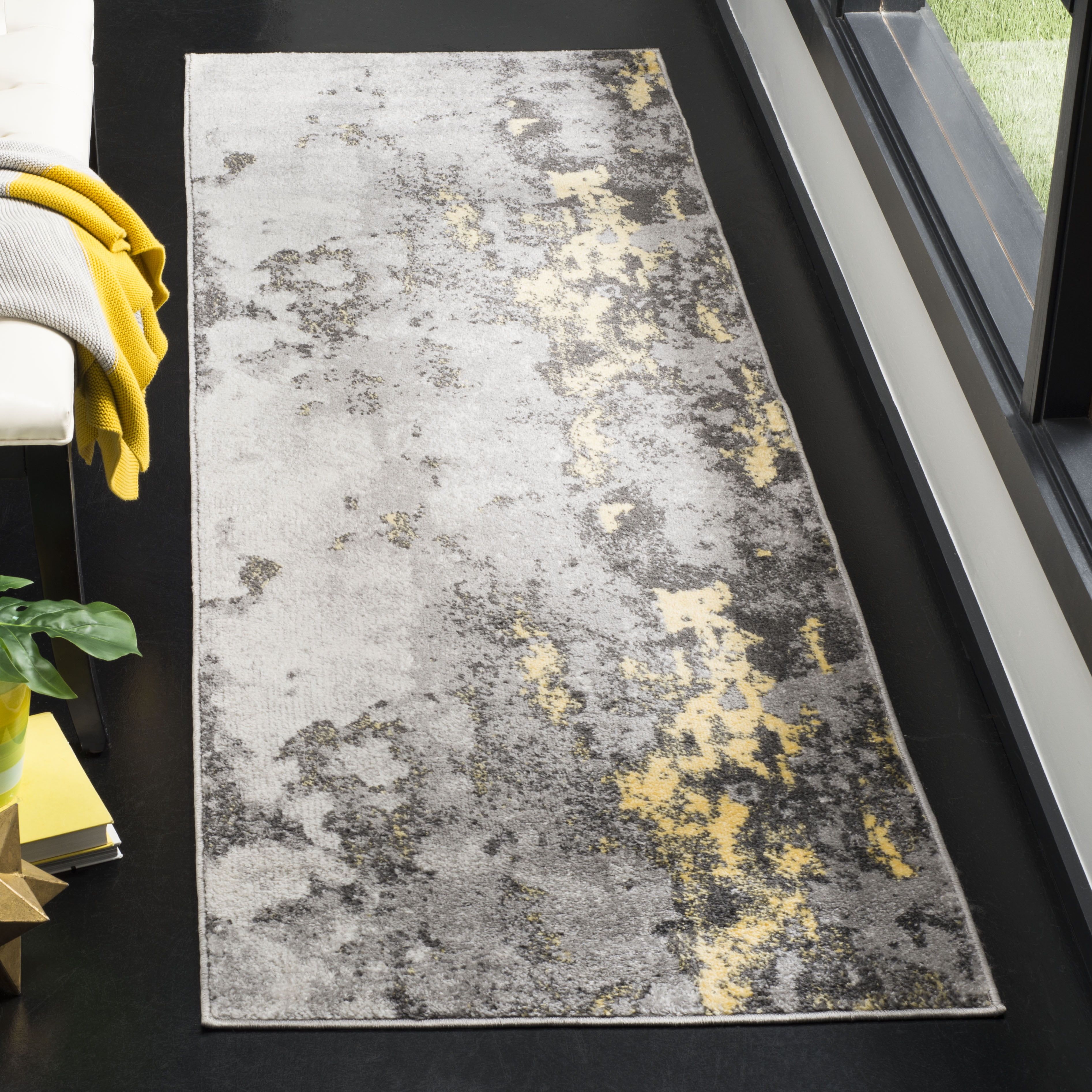 Gray and Yellow Abstract Easy-Care Runner Rug