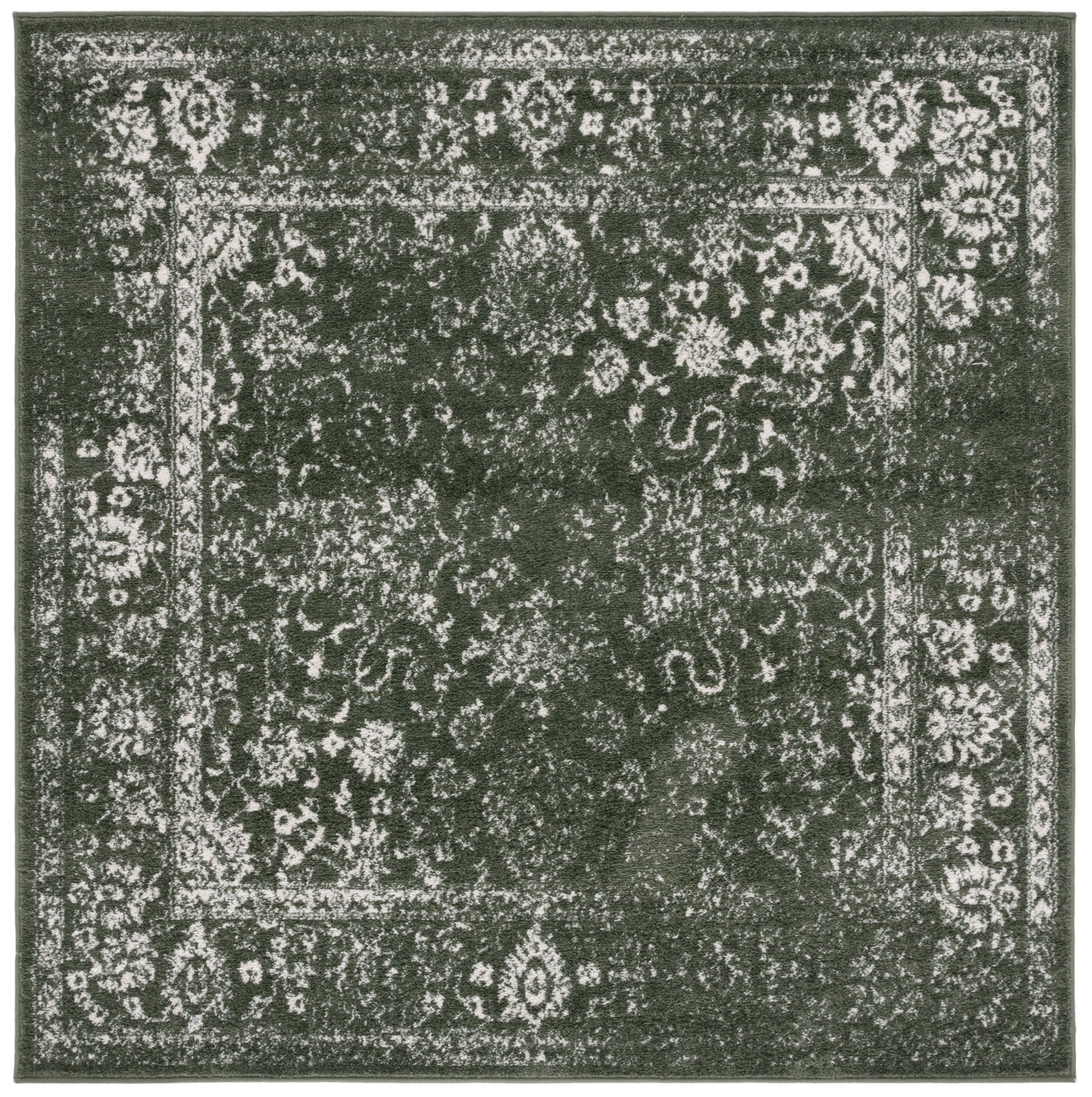 6' Square Dark Green and Ivory Oriental Synthetic Rug