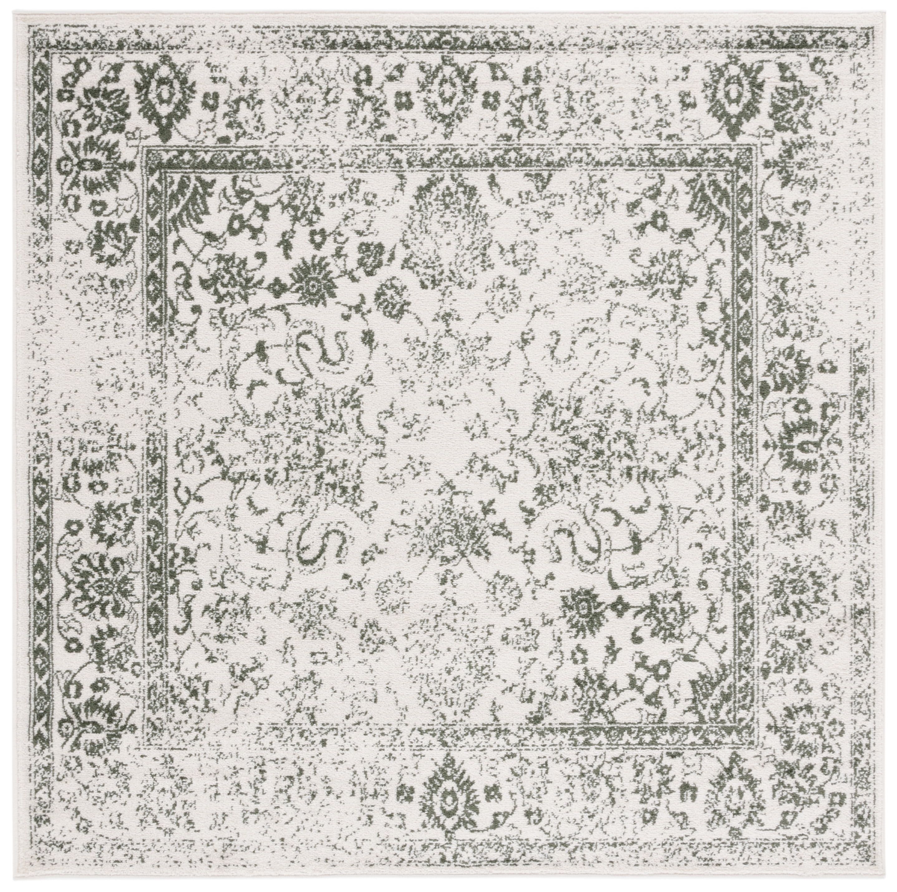 Ivory and Dark Green Square Synthetic Area Rug, 6' x 6'