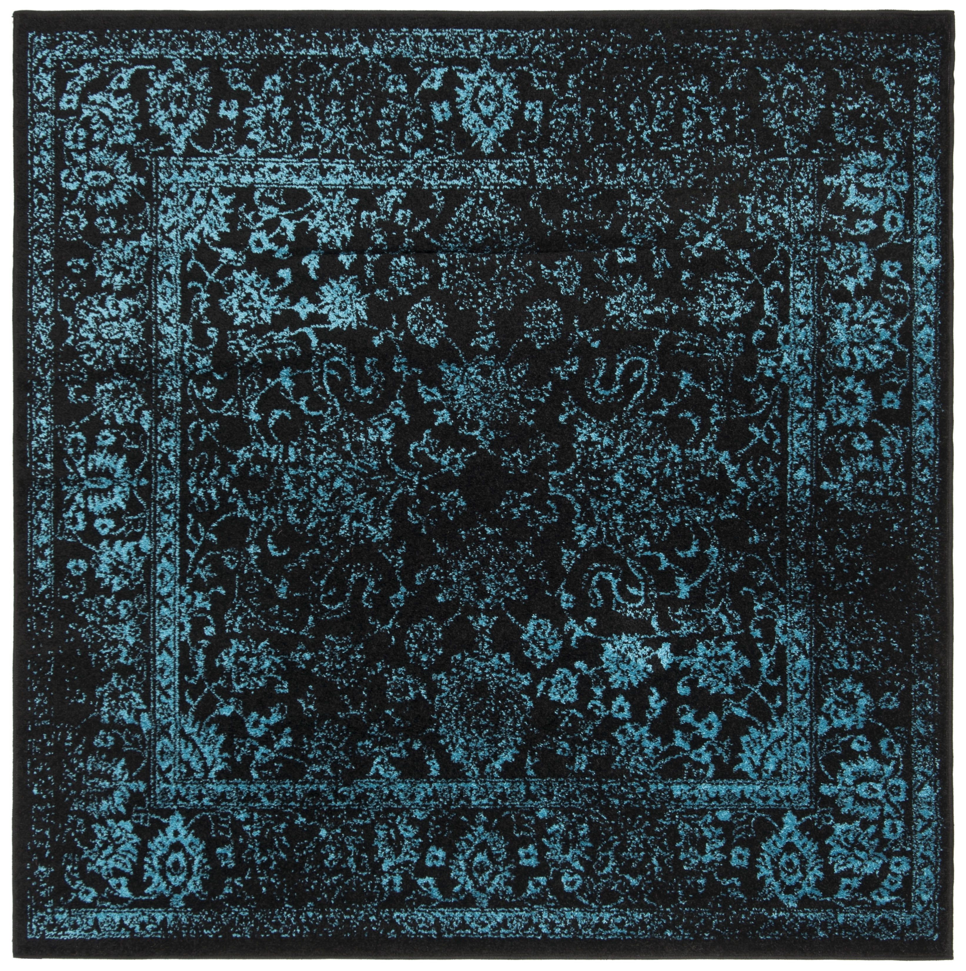 Black and Teal Square Oriental Synthetic Area Rug