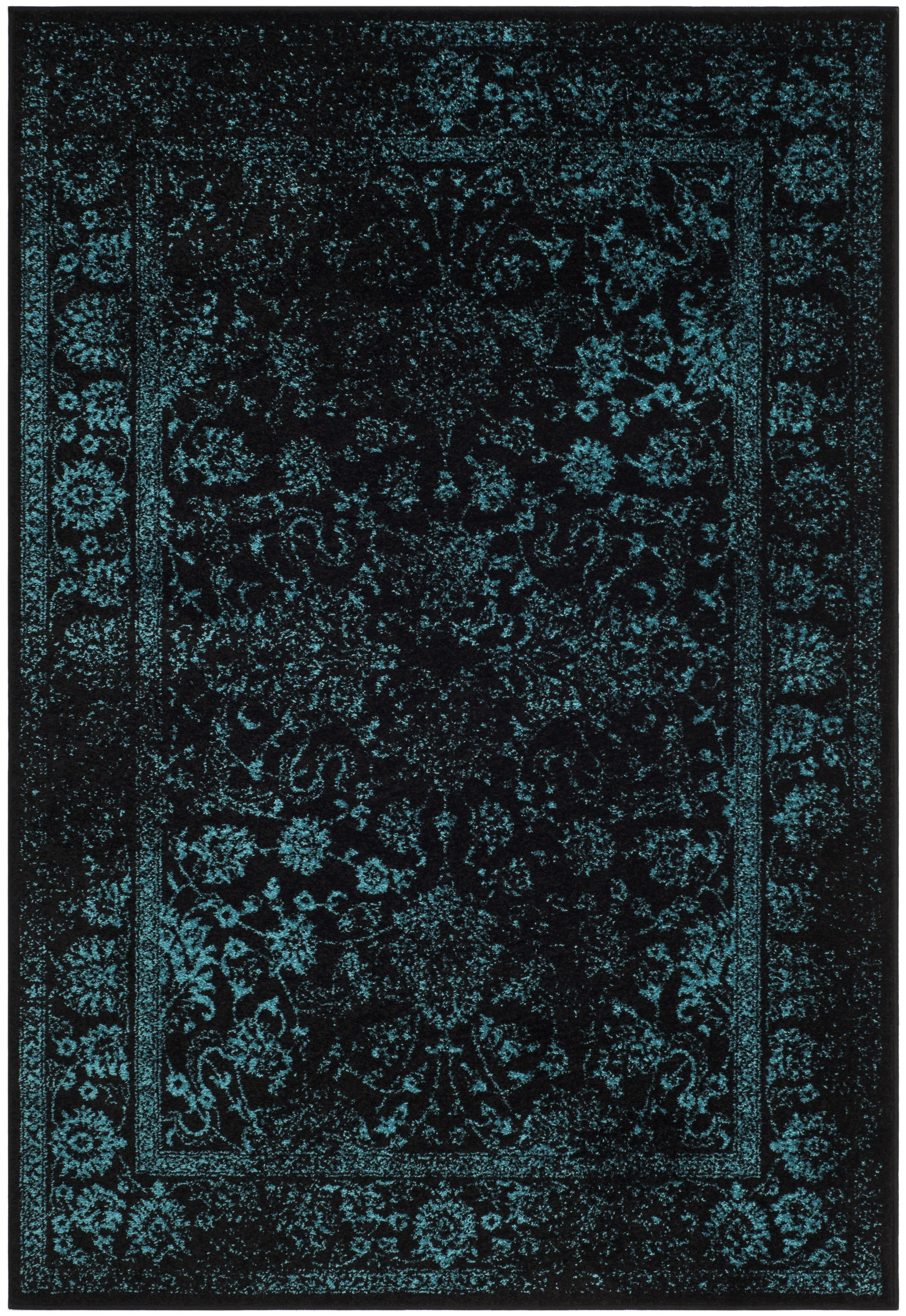 Black and Teal Rectangular Synthetic Area Rug, 5'1" x 7'6"