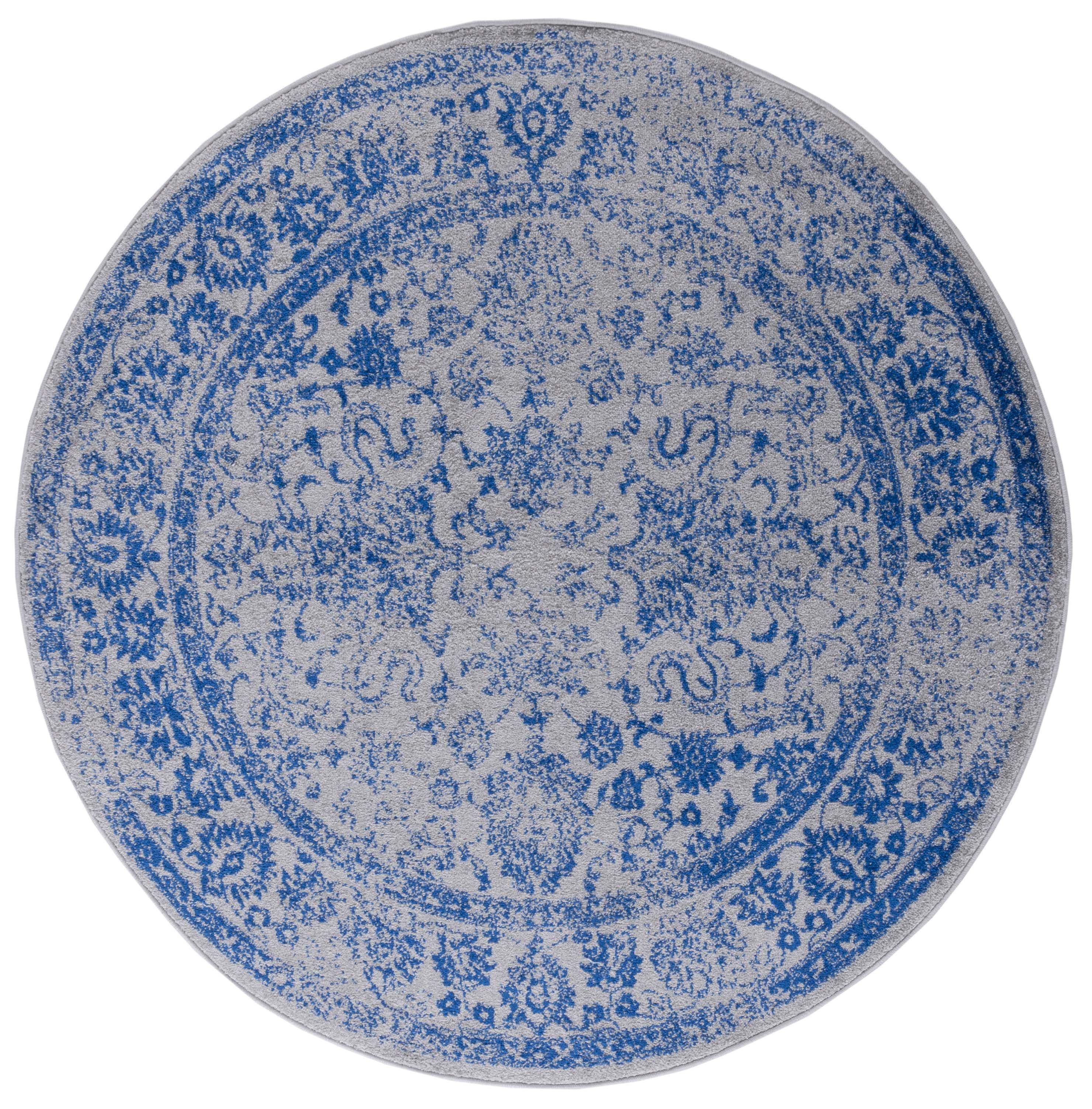 Chic Grey & Blue Oriental Synthetic 6' Round Area Rug