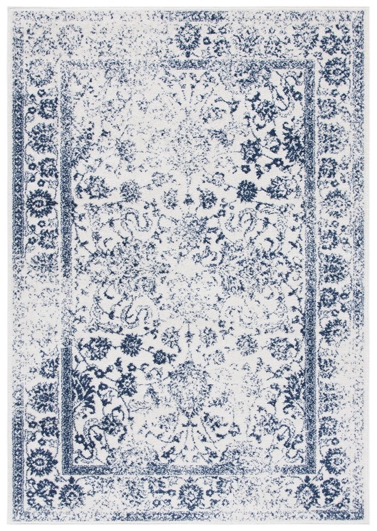 Ivory and Navy 3' x 5' Synthetic Easy-Care Rectangular Rug