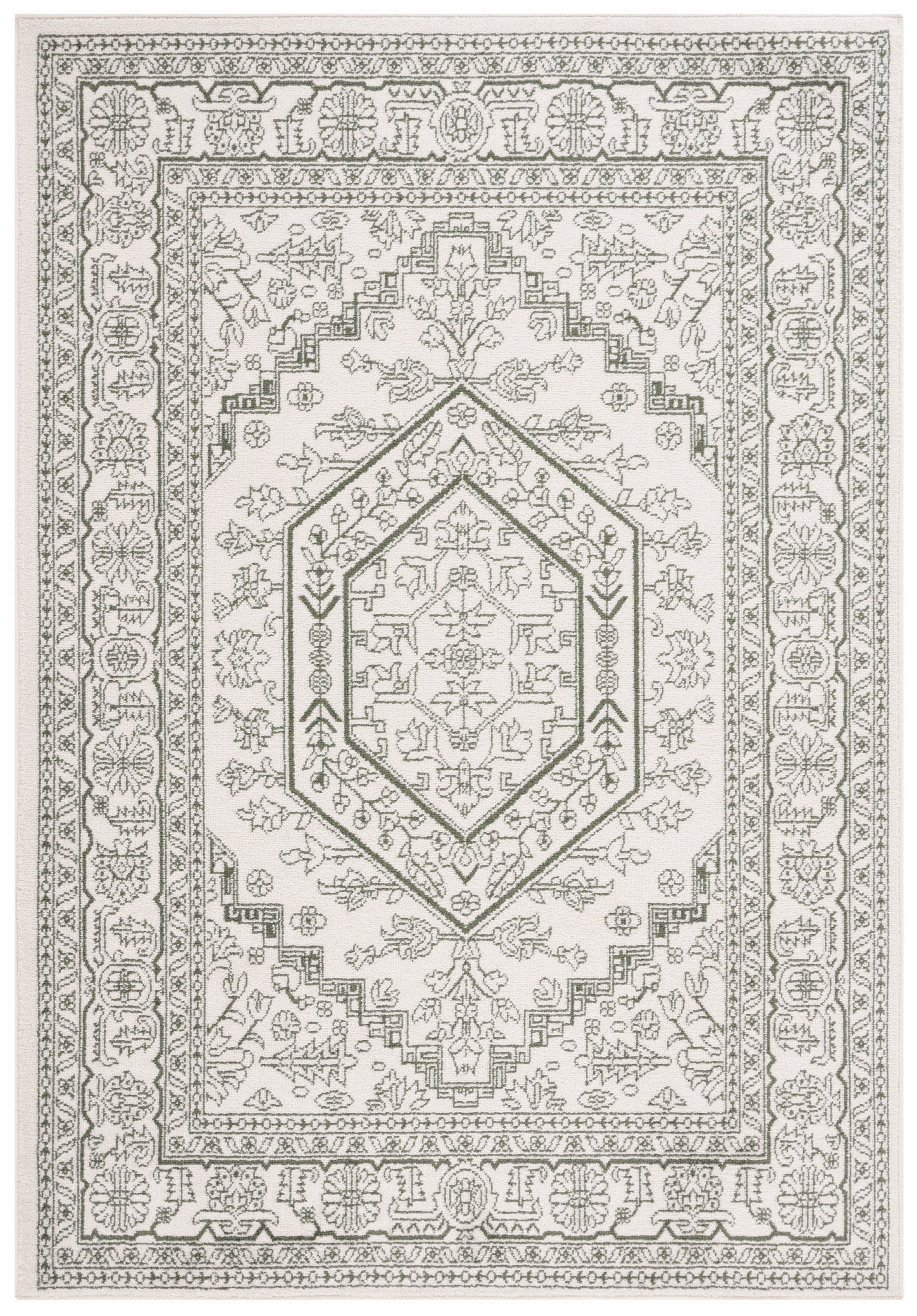 Ivory and Dark Green Synthetic Square Area Rug, 8' x 10'