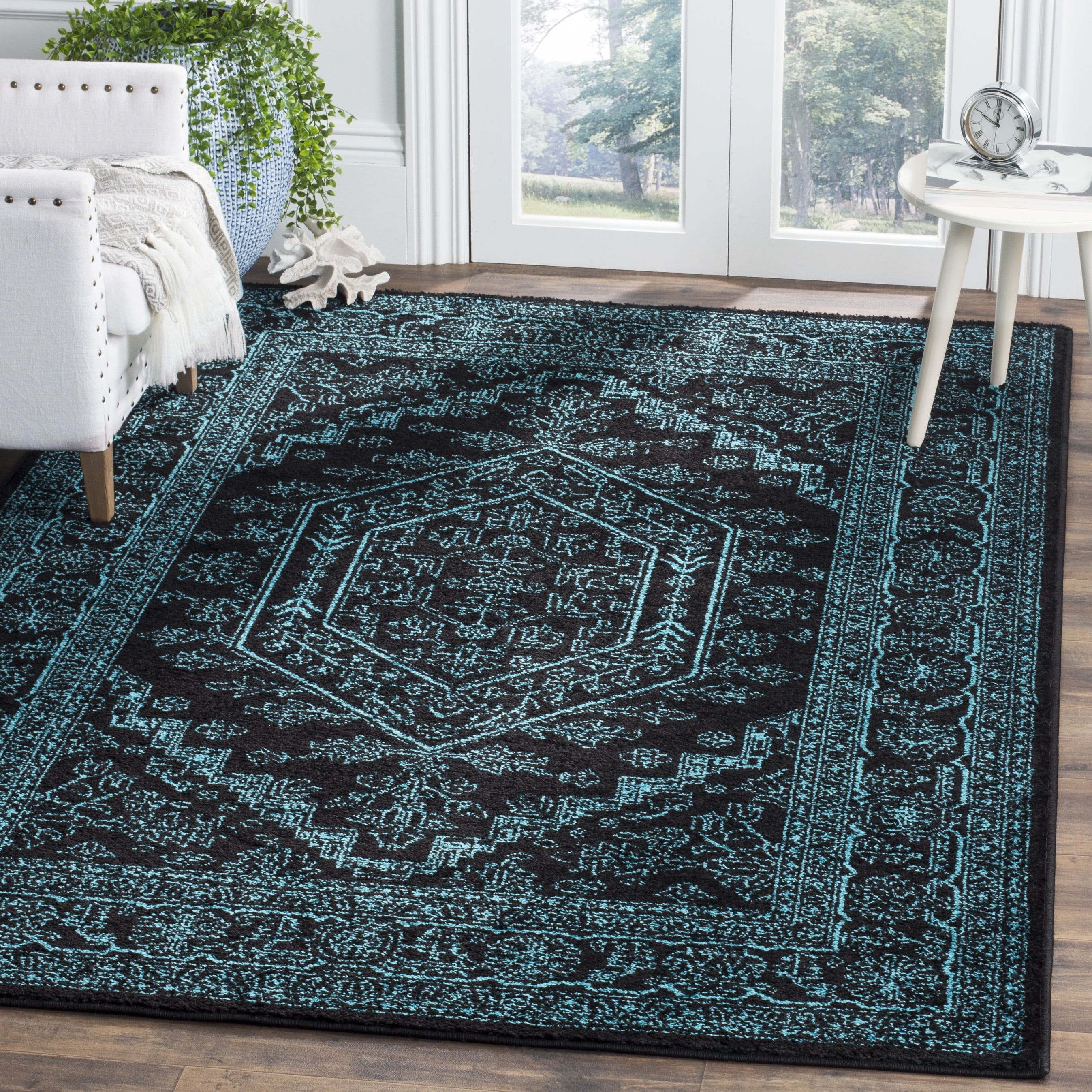 Chic Lodge-Style Black/Teal Synthetic Easy-Care Area Rug 4' x 6'