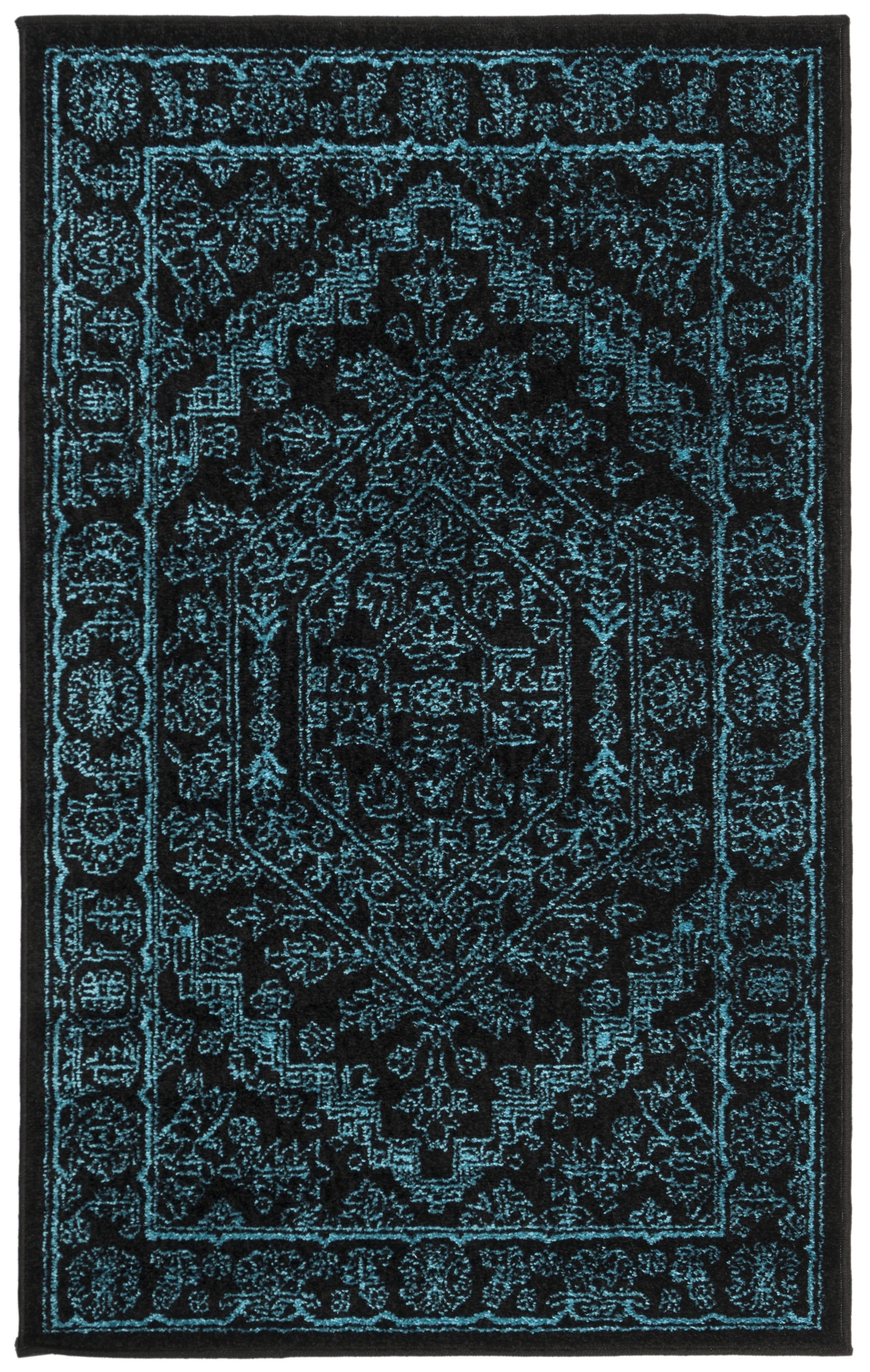 Chic Lodge-Style Black/Teal Synthetic Easy-Care Area Rug 4' x 6'