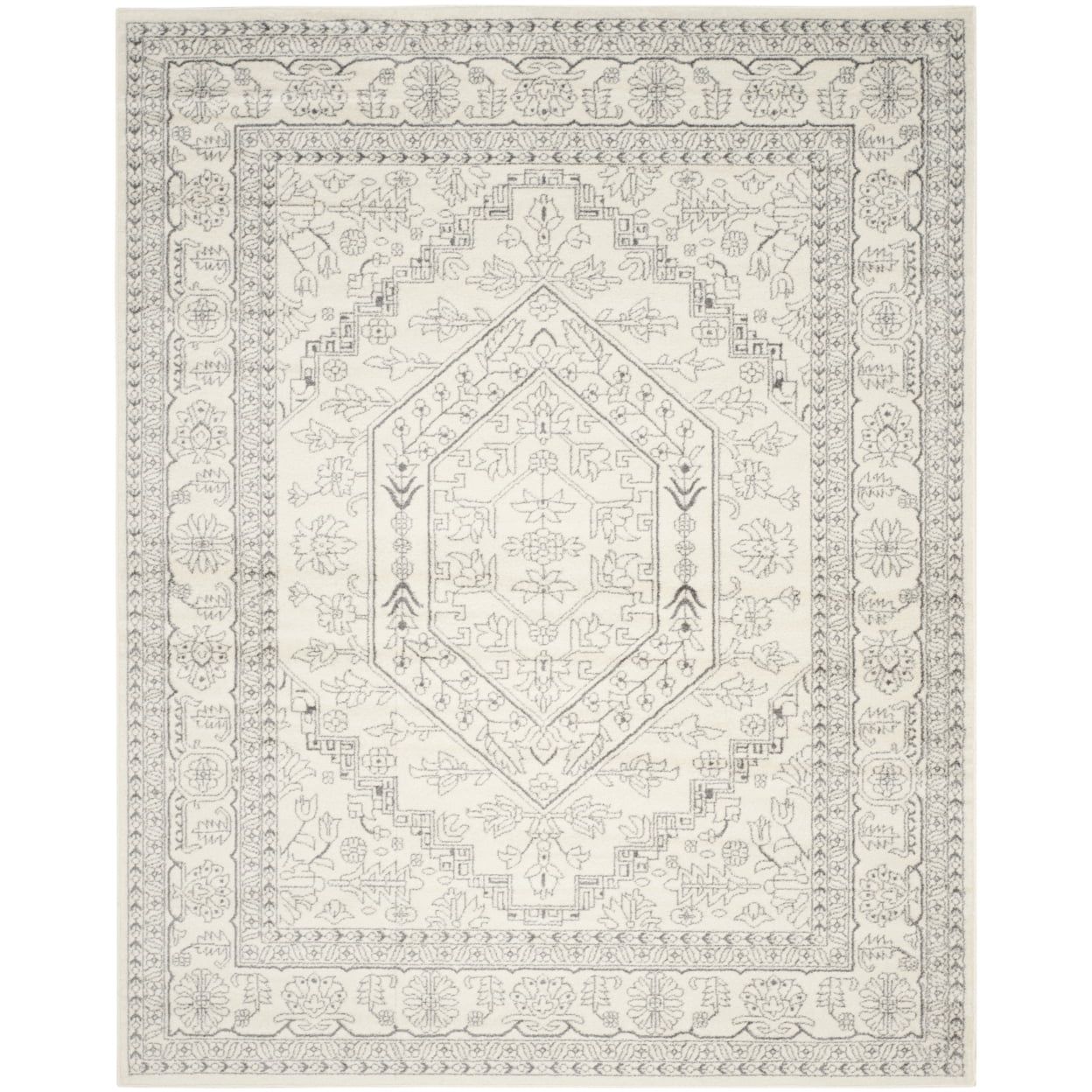 Chic Adirondack Ivory & Silver Medallion 9' x 12' Easy-Care Area Rug