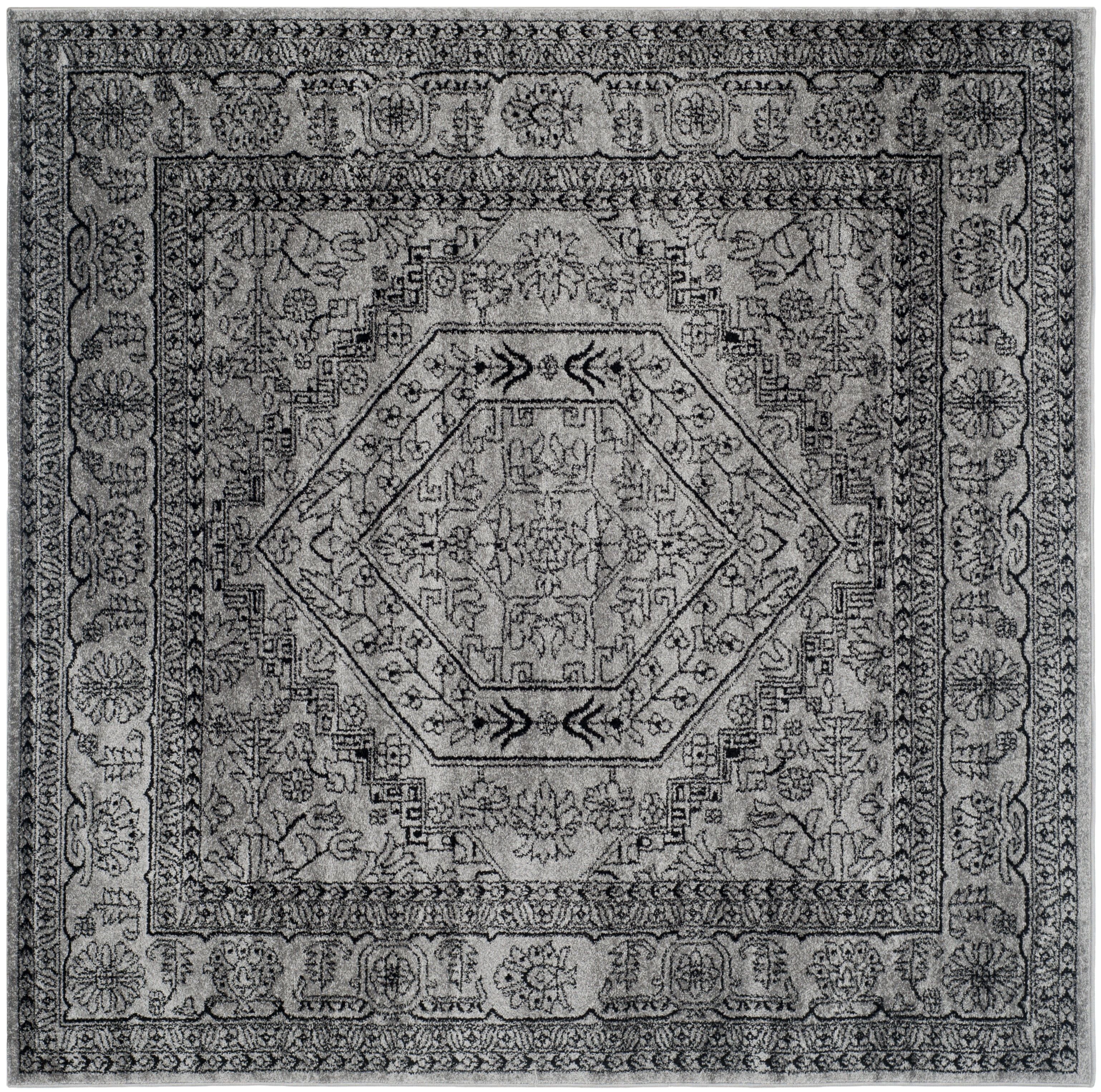 Silver and Black 12' Square Reversible Synthetic Area Rug