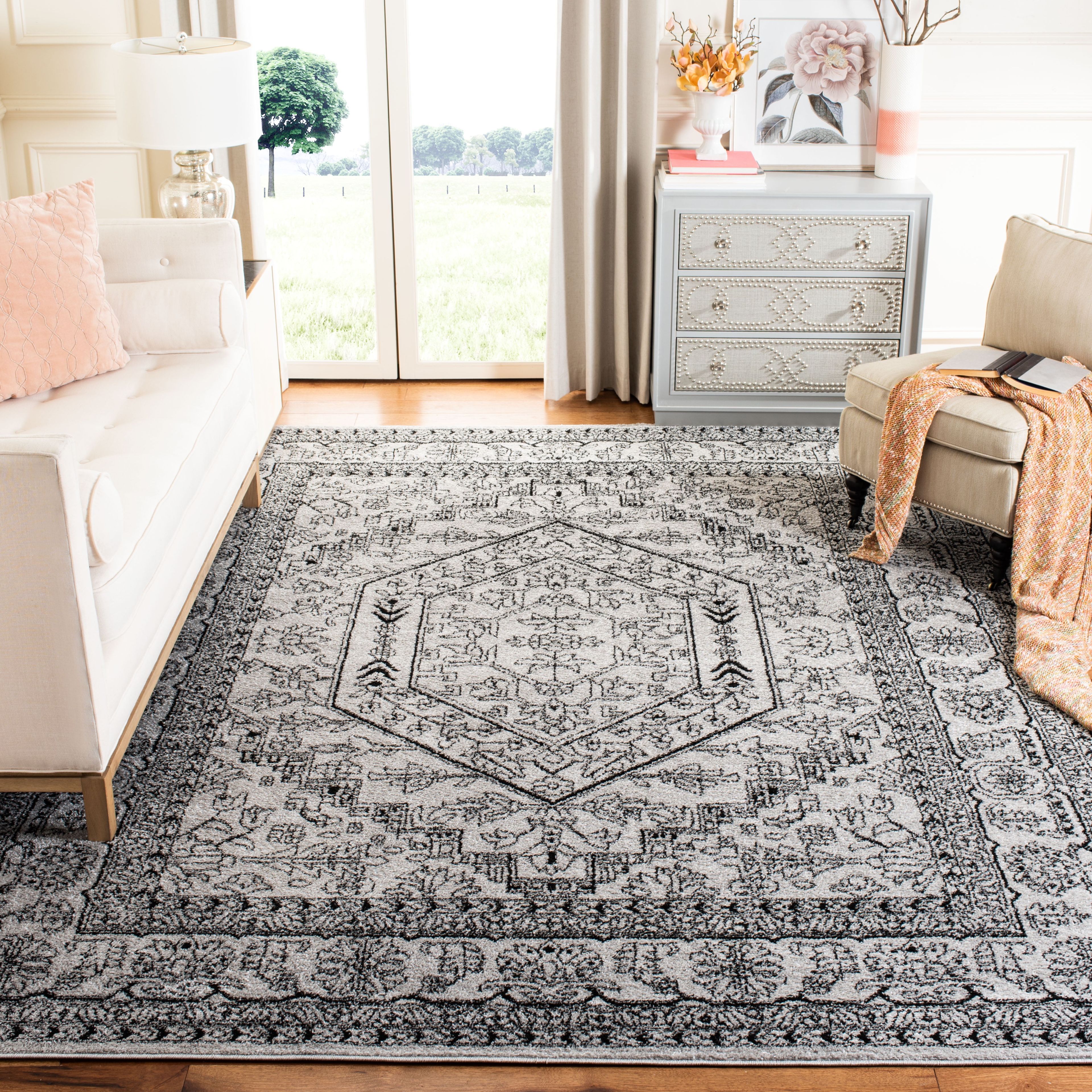 Silver and Black Medallion 9' x 12' Synthetic Area Rug