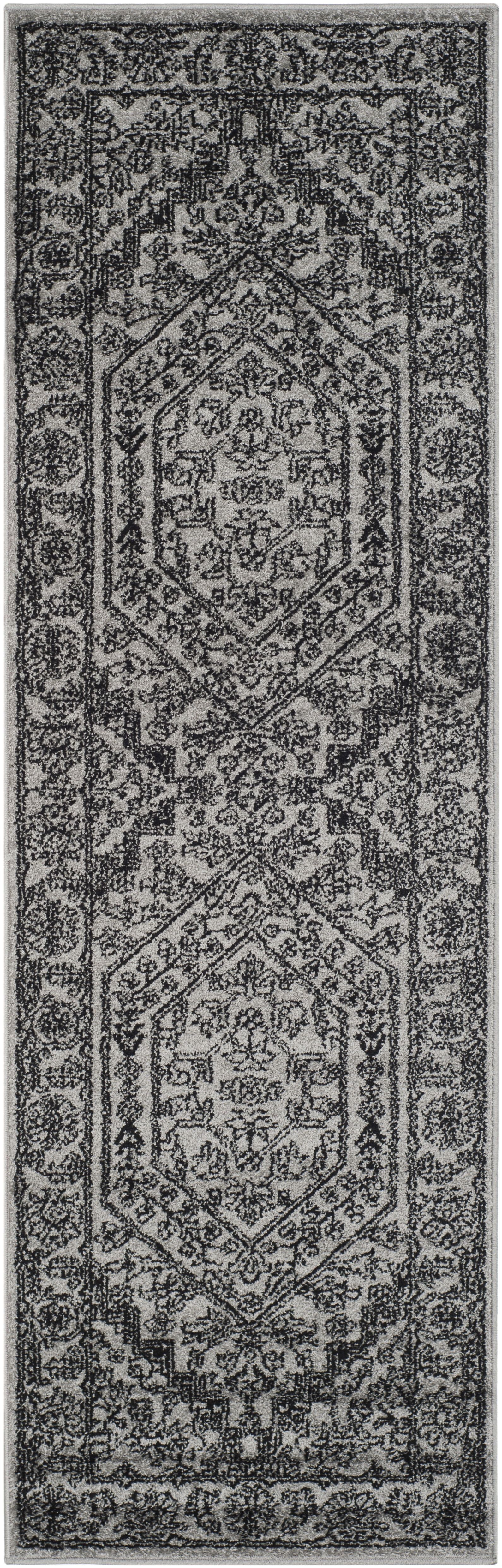 Silver and Black Medallion Synthetic Runner Rug