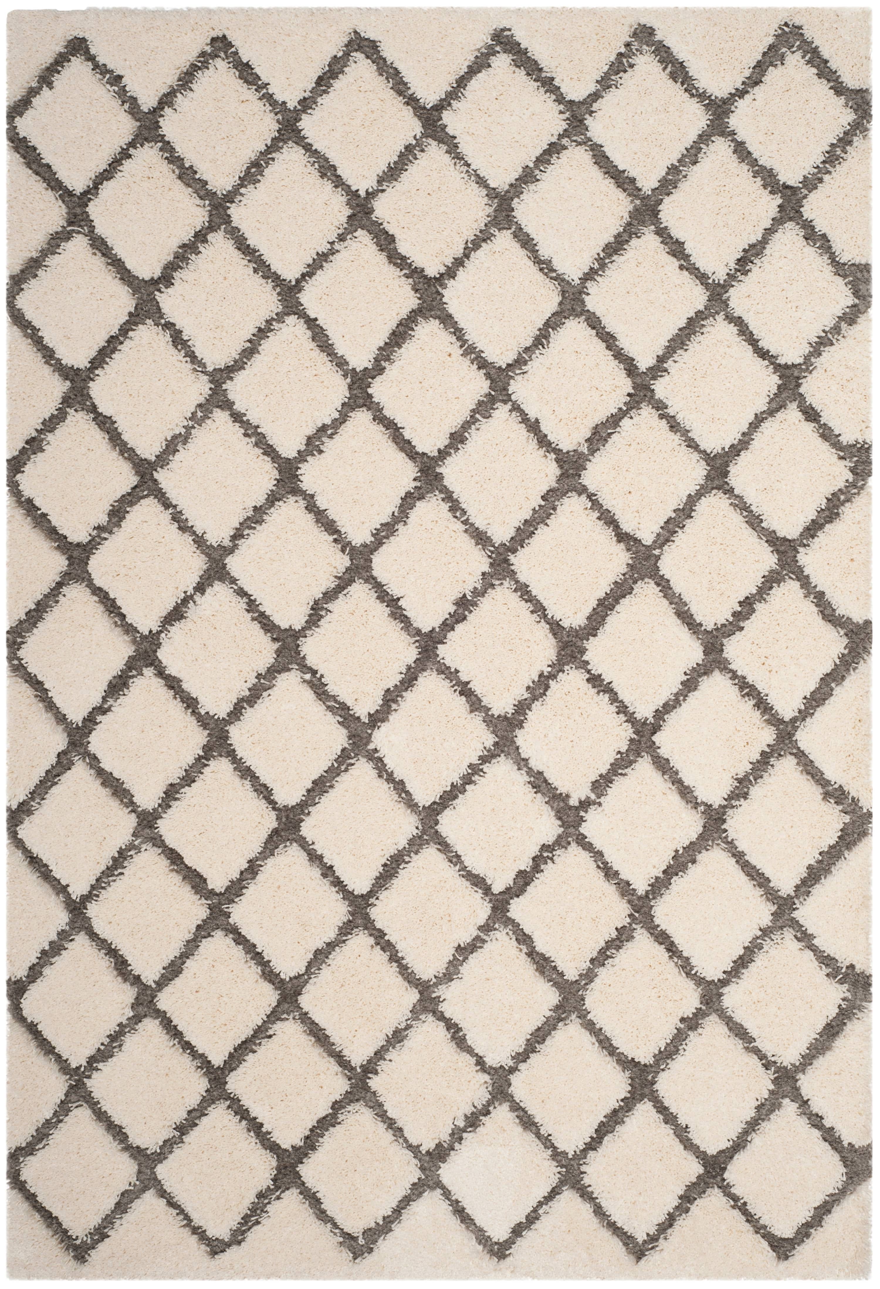 Cream and Grey Geometric Wool Tufted Shag Rug, 4' x 6'