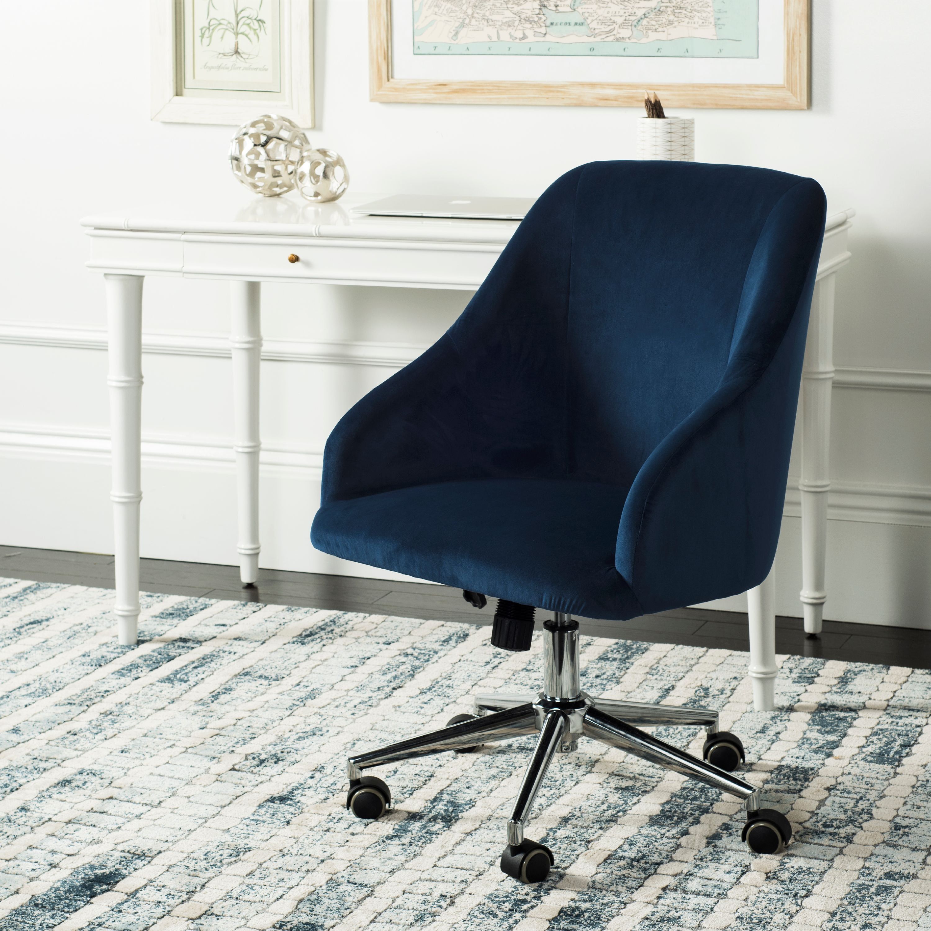 Adrienne Navy Velvet Chrome Leg Swivel Office Chair