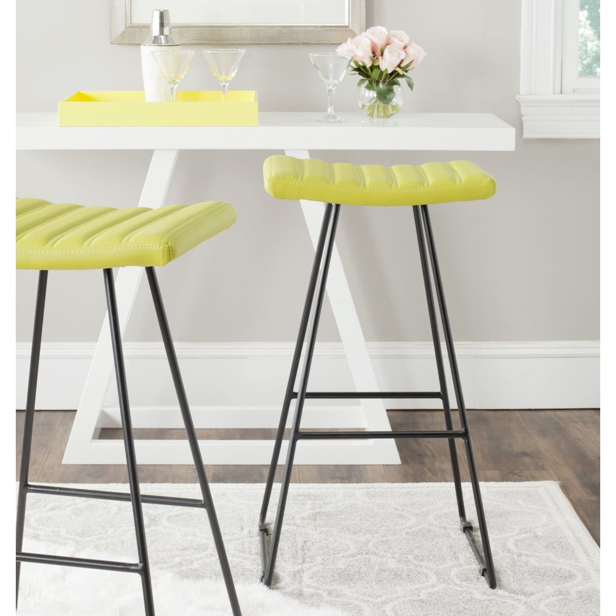 Citron Green Leather and Iron Backless Bar Stools, Set of 2