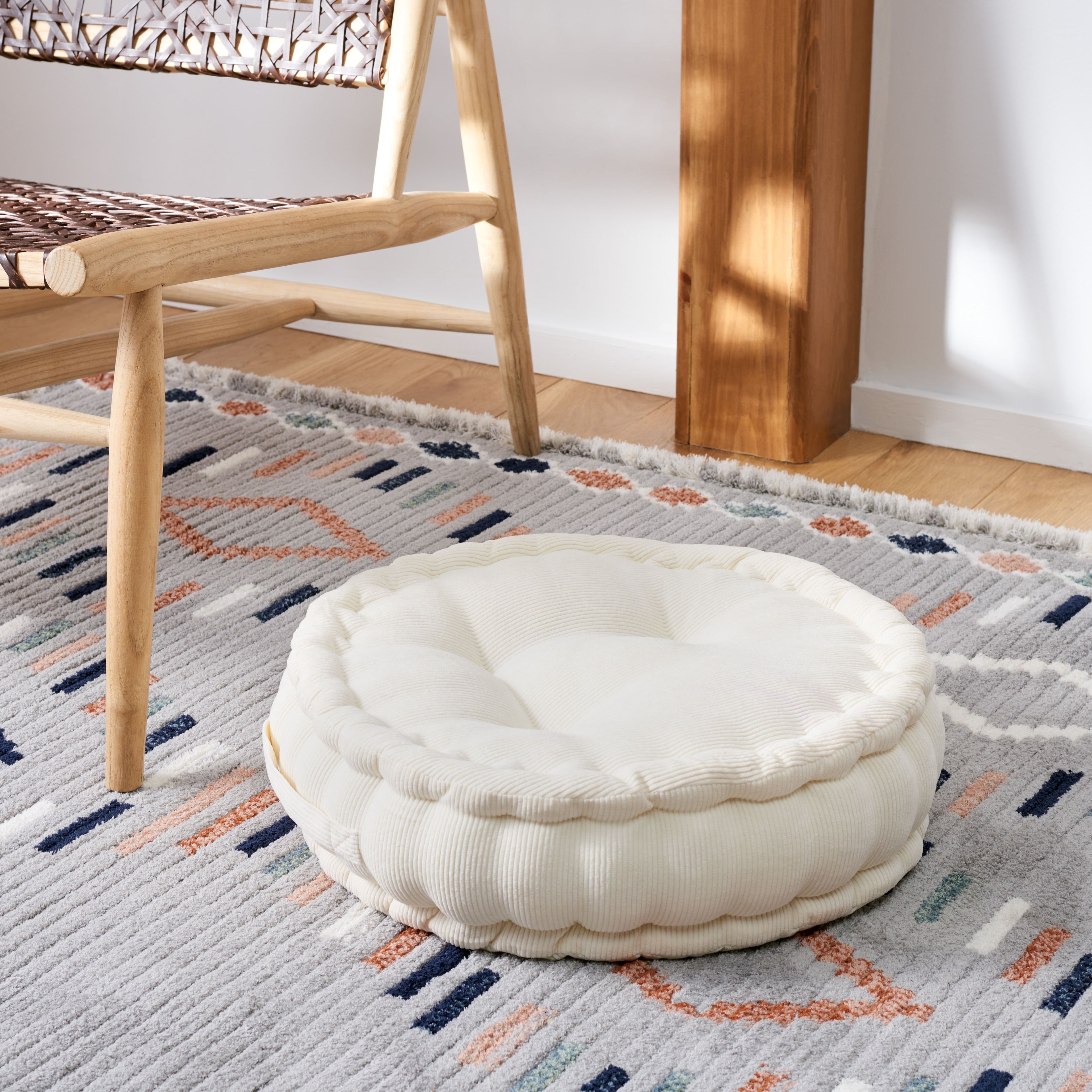 Ivory Round Tufted Floor Pillow with Handles